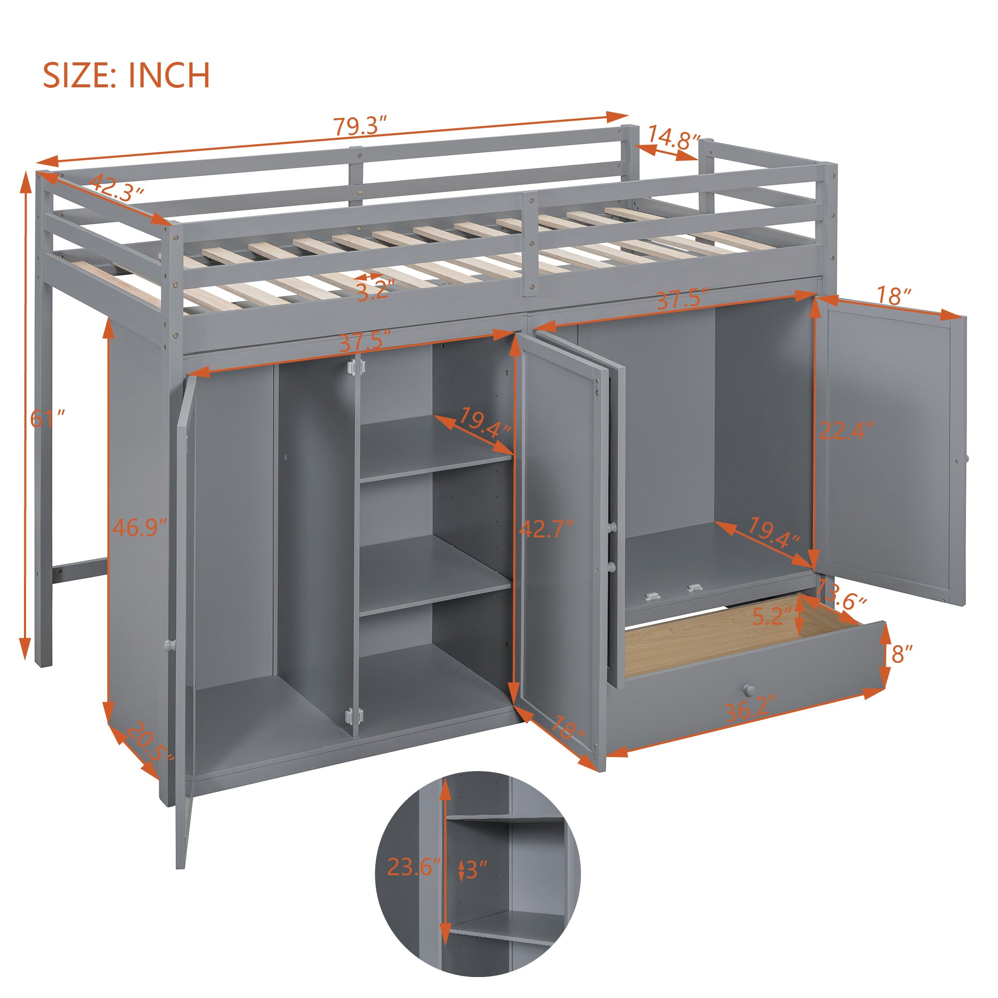 Twin size Loft Bed with Drawer, Two Wardrobes and Mirror, Gray - Atlantic Fine Furniture Melbourne FL