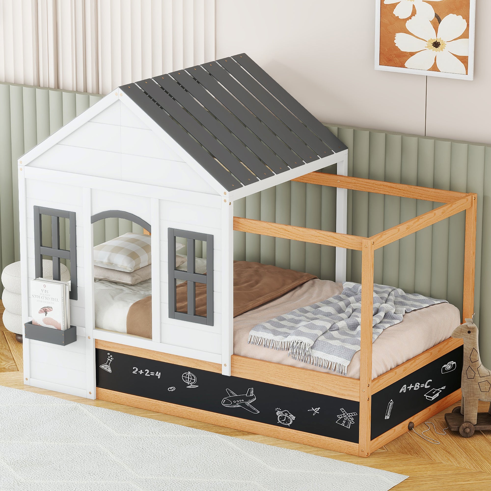 Twin Size House Shaped Canopy Bed with Black Roof and White Window,Blackboard and Little Shelf, White(Old SKU: WF294051AAK) - Atlantic Fine Furniture Melbourne FL