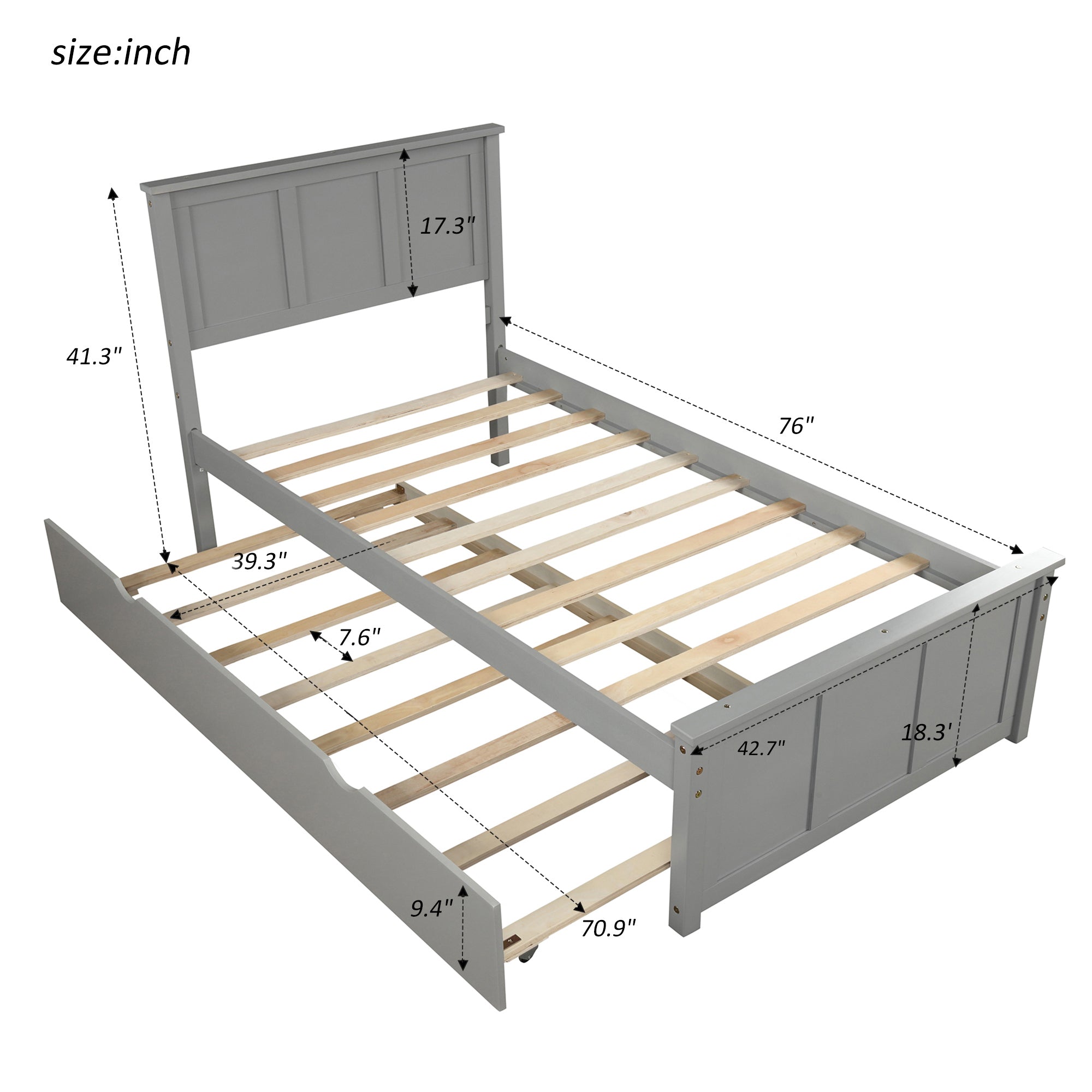 Platform Bed with Twin Size Trundle, Twin Size Frame, Gray - Atlantic Fine Furniture Melbourne FL