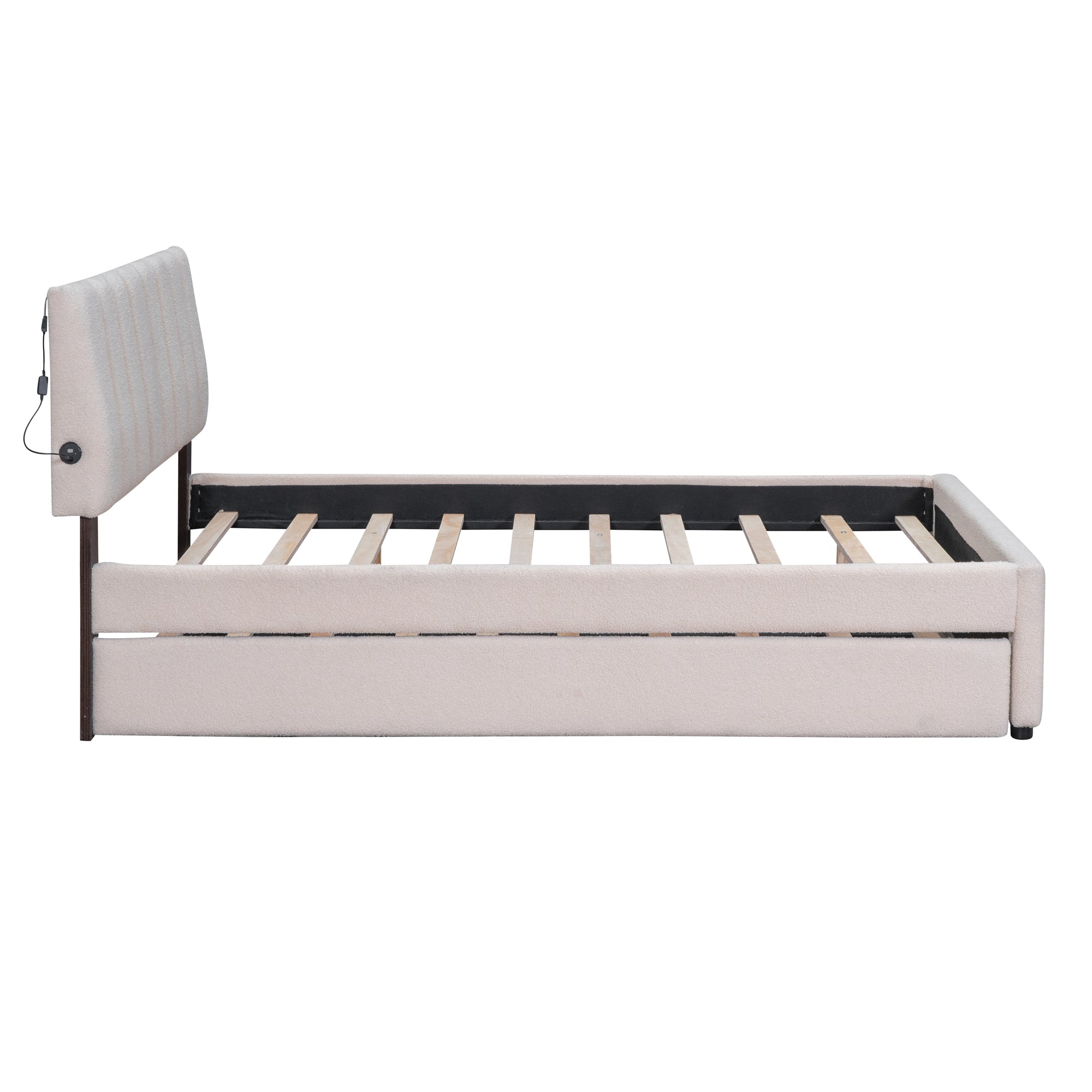 Teddy Fleece Full Size Upholstered Platform Bed with Trundle, Beige - Atlantic Fine Furniture Melbourne FL