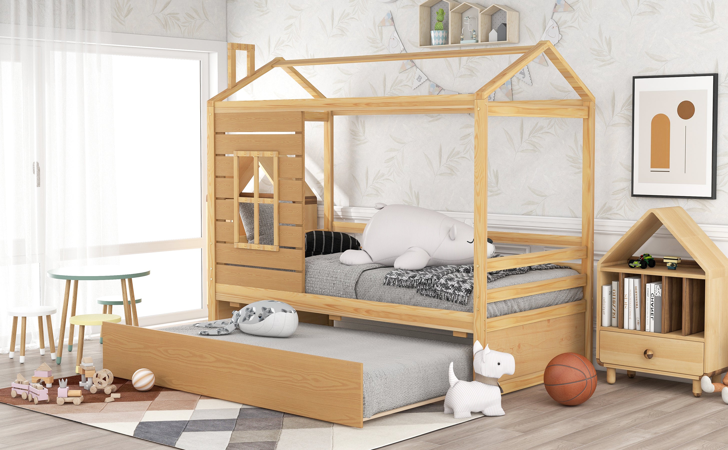 Twin Size House Bed Wood Bed with Twin Size Trundle ( Natural ) - Atlantic Fine Furniture Melbourne FL