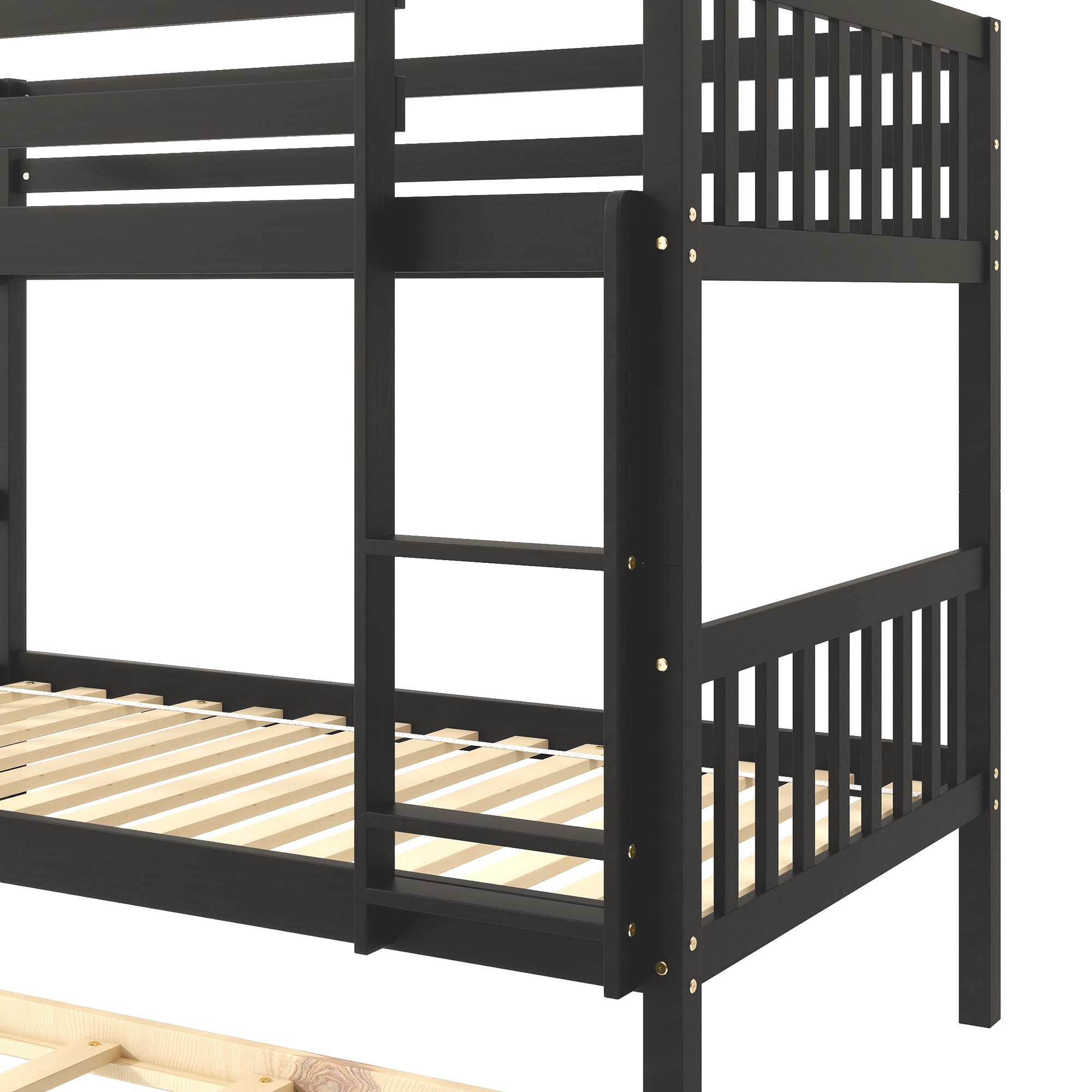 Twin Over Twin Bunk Beds with Trundle, Solid Wood Trundle Bed Frame with Safety Rail and Ladder, Kids/Teens Bedroom, Guest Room Furniture, Can Be converted into 2 Beds,Espresso