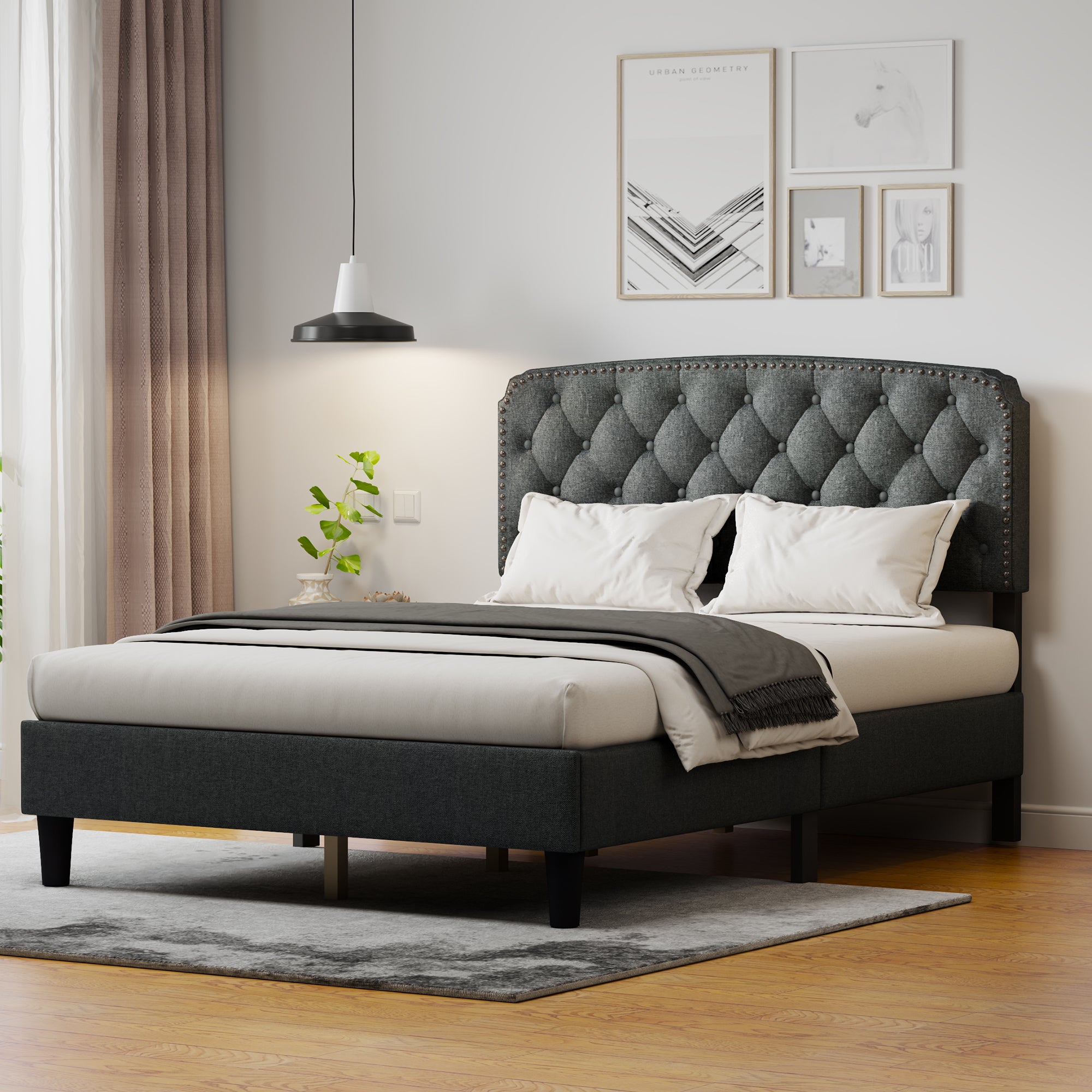 Full size Adjustable Headboard with Fine Linen Upholstery and Button Tufting for Bedroom, Wave Top dark Gray