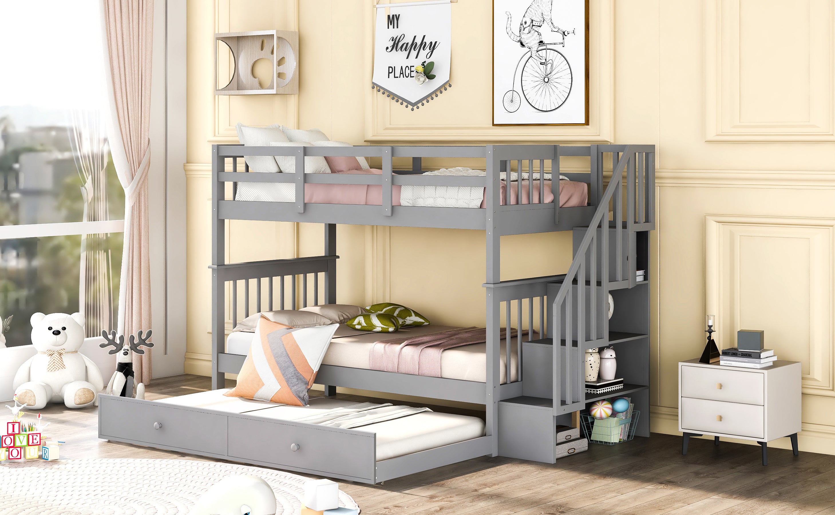 Stairway Twin-Over-Twin Bunk Bed with Twin size Trundle for Bedroom, Dorm, Adults, Gray( old sku: LP000209AAE ) - Atlantic Fine Furniture Melbourne FL