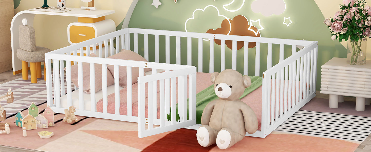 Queen Size Wood Floor Bed Frame with Fence and Door, White(OLD SKU:WF289663AAK)