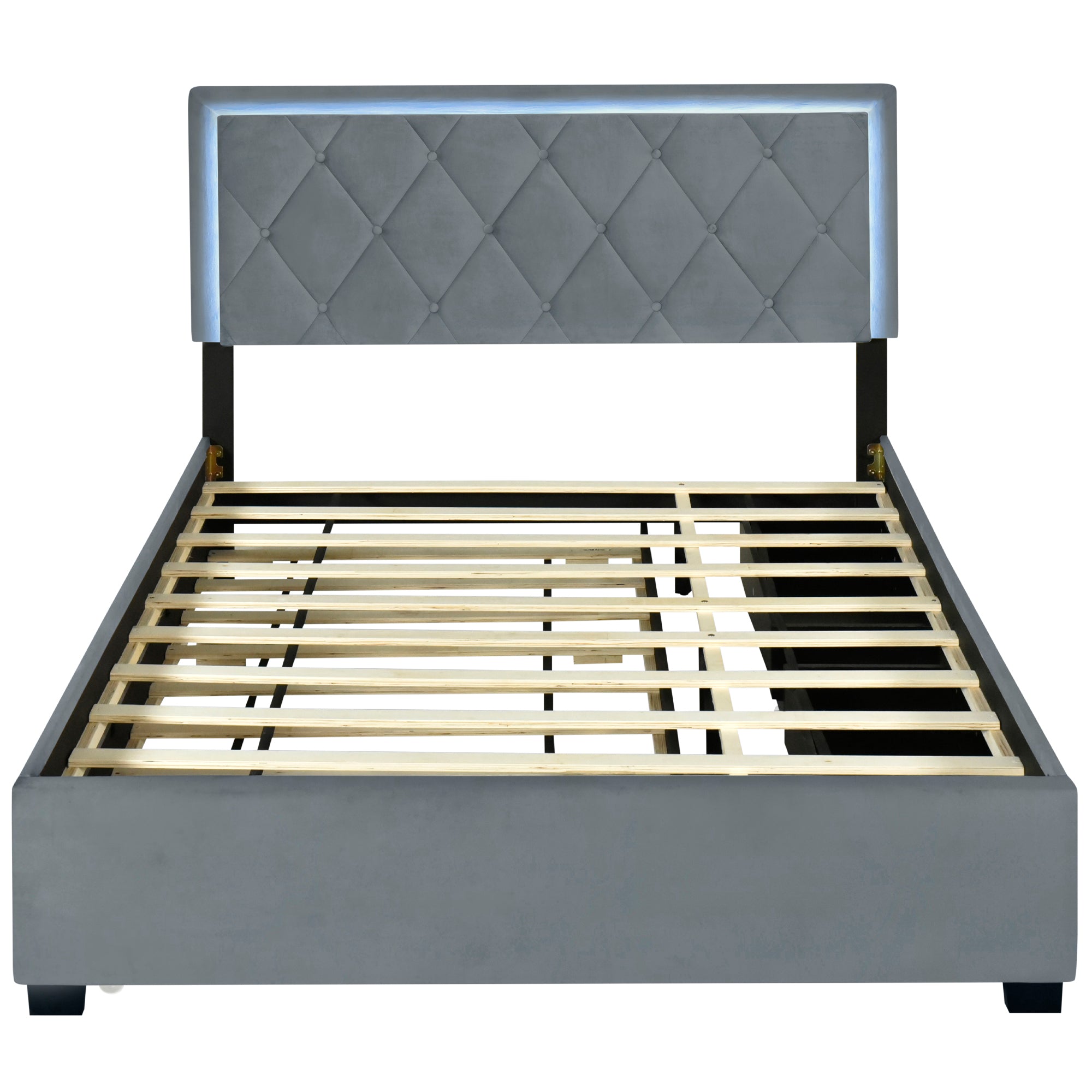 Queen Size Velvet Storage Platform Bed, with 2 Big Drawers, Twin XL Size Trundle and LED Light, Gray