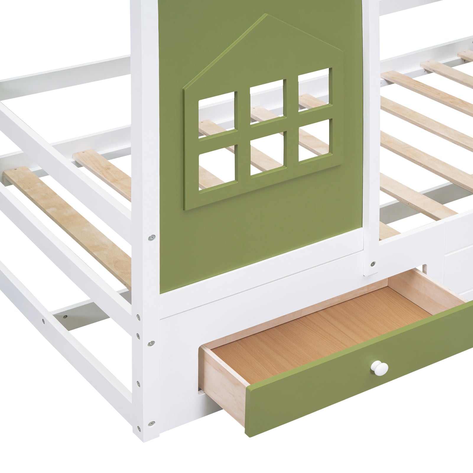 Twin Size Wood House Bed with 2 Drawers and Window Decoration, White+Olive Green - Atlantic Fine Furniture Melbourne FL