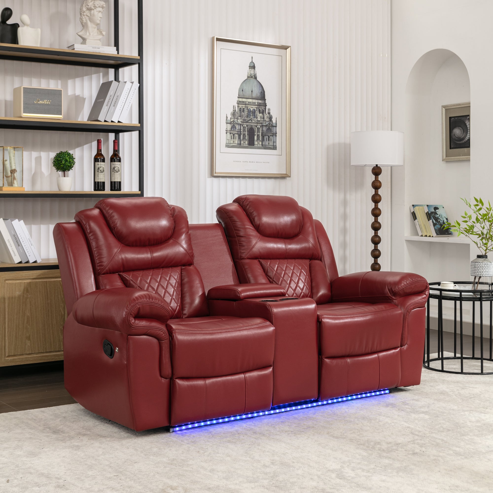 Home Theater Seating Manual Recliner Loveseat with Hide-Away Storage, Cup Holders and LED Light Strip for Living Room, Wine Red