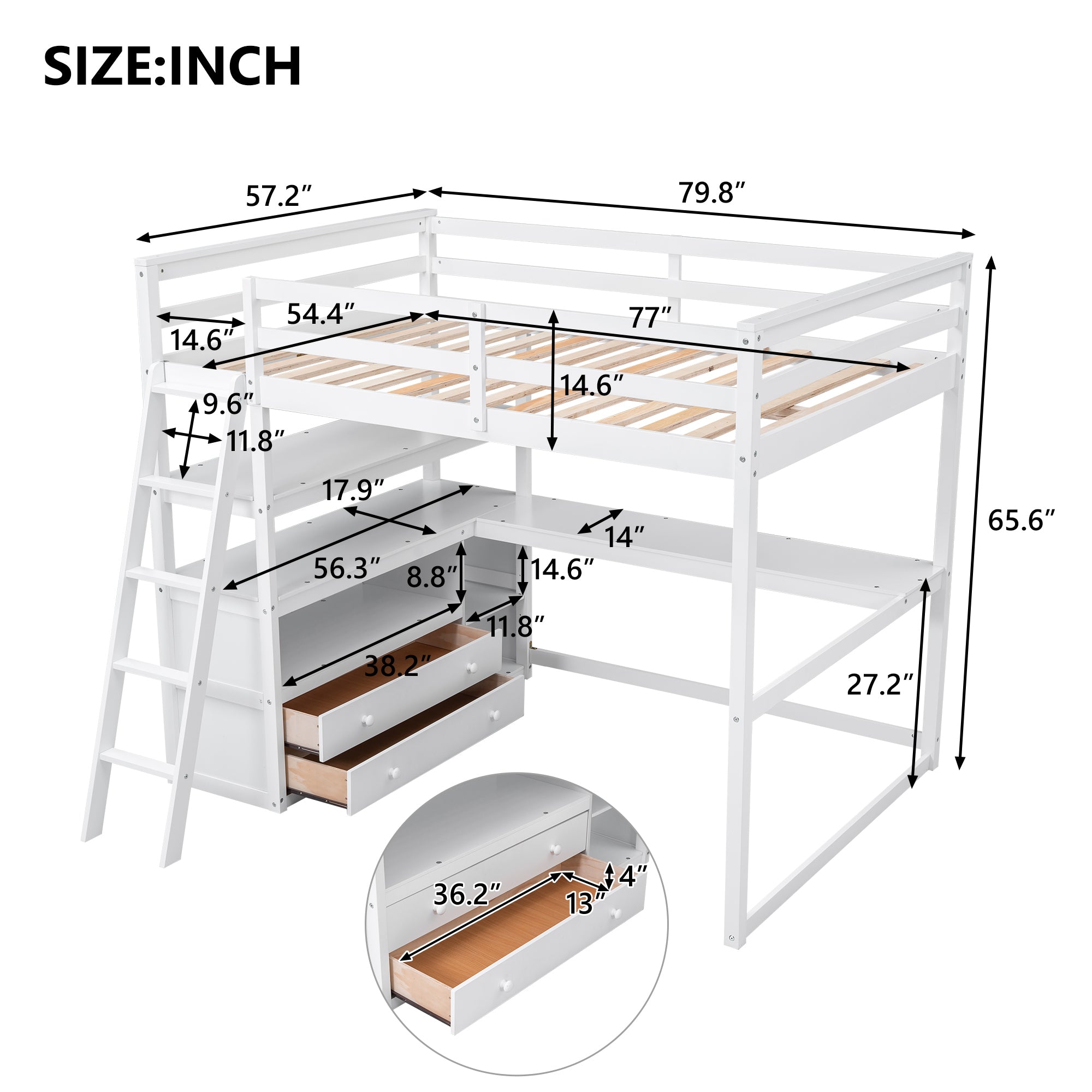 Full Size Loft Bed with Desk and Shelves,Two Built-in Drawers,White(Old SKU: SM000416AAK)