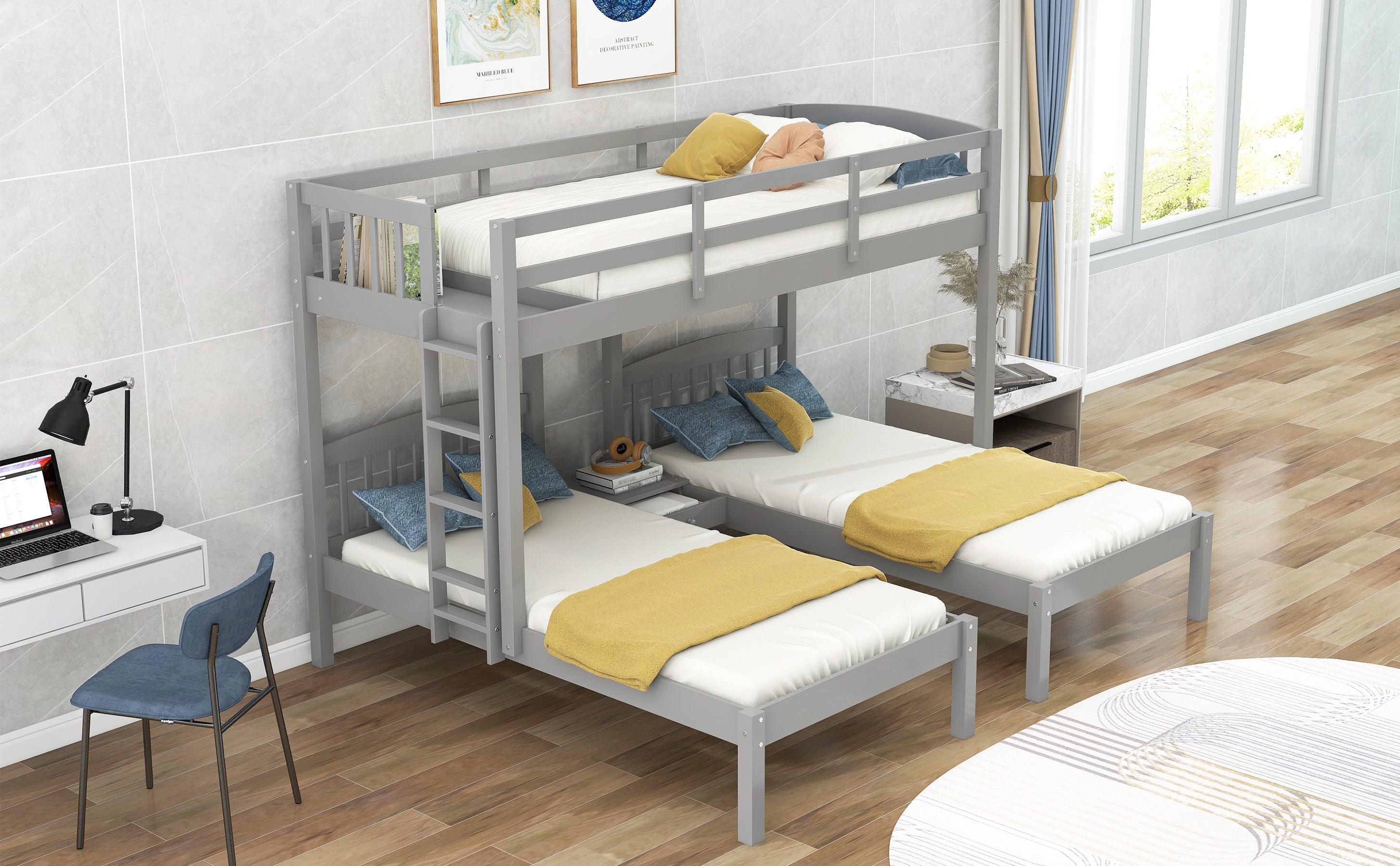 Twin over Twin & Twin Bunk Bed with Built-in Middle Drawer, Gray - Atlantic Fine Furniture Melbourne FL