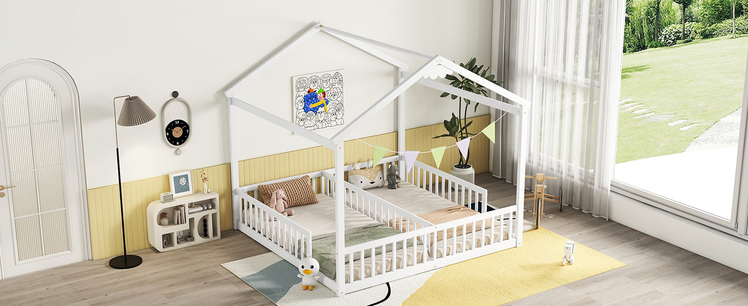 Double Twin House-Style Floor Bed with Fence, Guardrails, without door, White