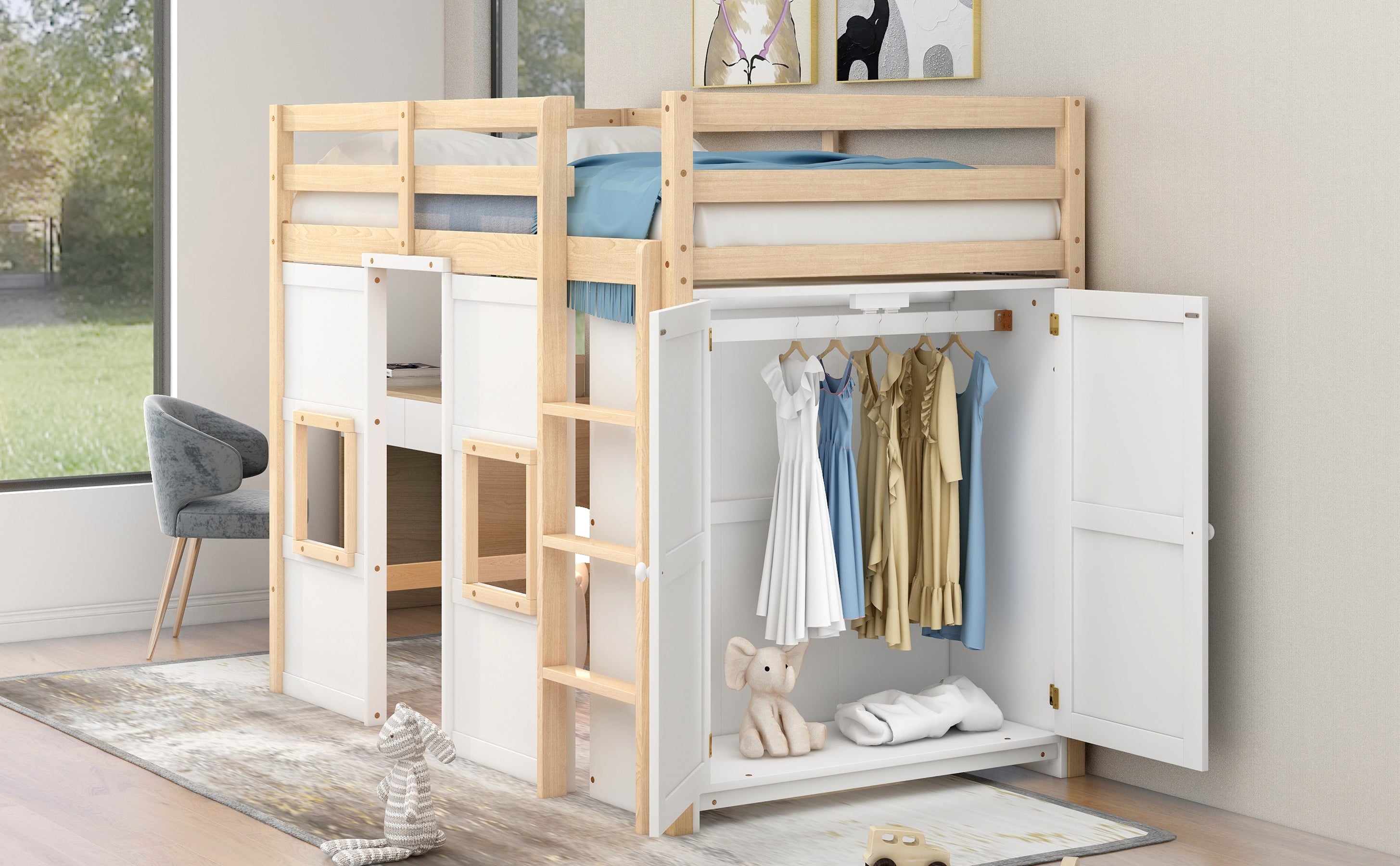 Wood Twin Size Loft Bed with Built-in Storage Wardrobe and 2 Windows, Natural/White - Atlantic Fine Furniture Melbourne FL