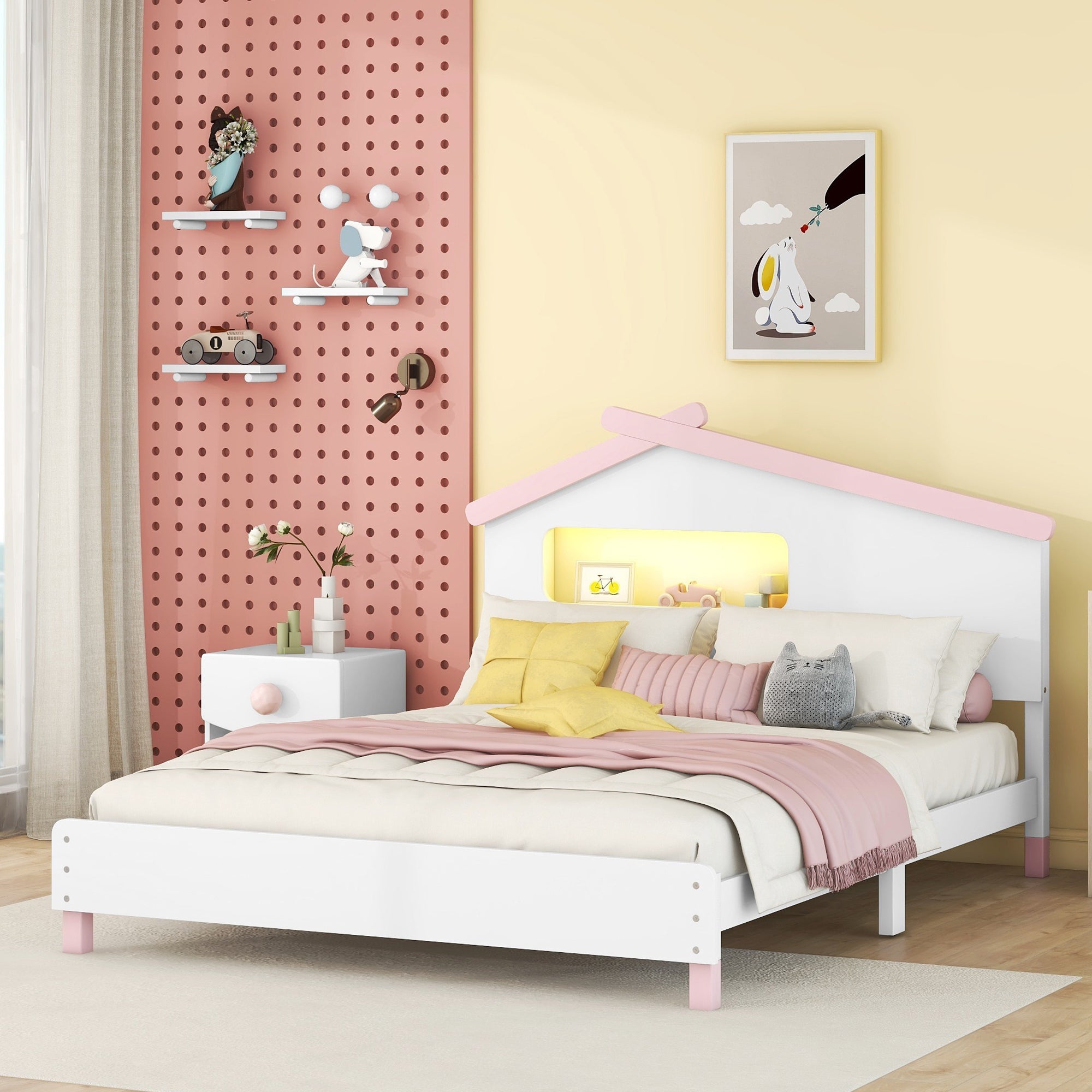 Full Size Wood Platform Bed with House-shaped Headboard and Motion Activated Night Lights (White+Pink) - Atlantic Fine Furniture Melbourne FL