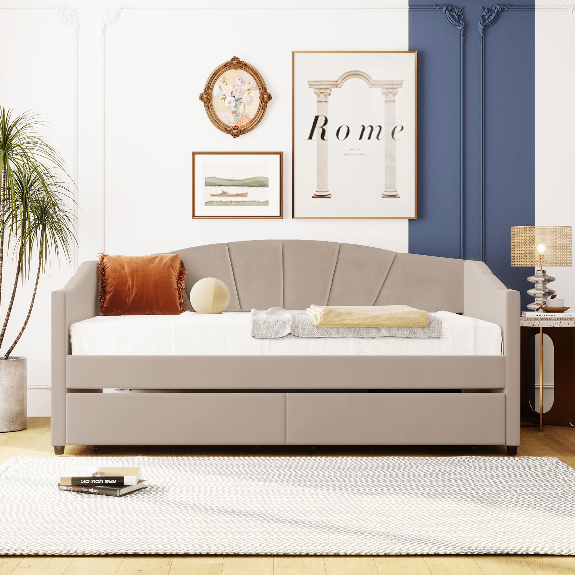 Upholstered daybed Twin Size with Two Drawers and Wood Slat ,Beige - Atlantic Fine Furniture Melbourne FL