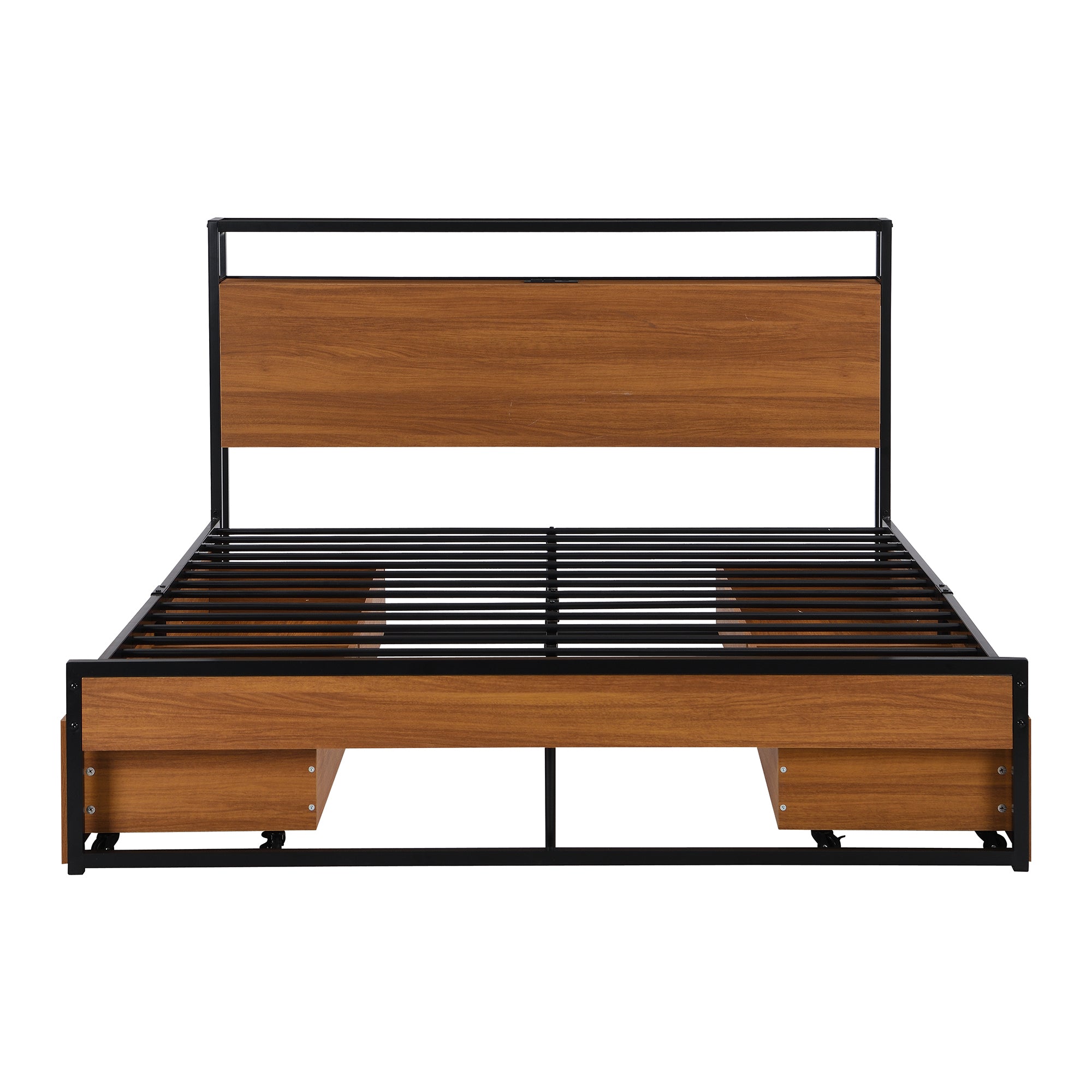 Queen Size Metal Platform Bed Frame with Four Drawers,Sockets and USB Ports ,Slat Support No Box Spring Needed Black - Atlantic Fine Furniture Melbourne FL