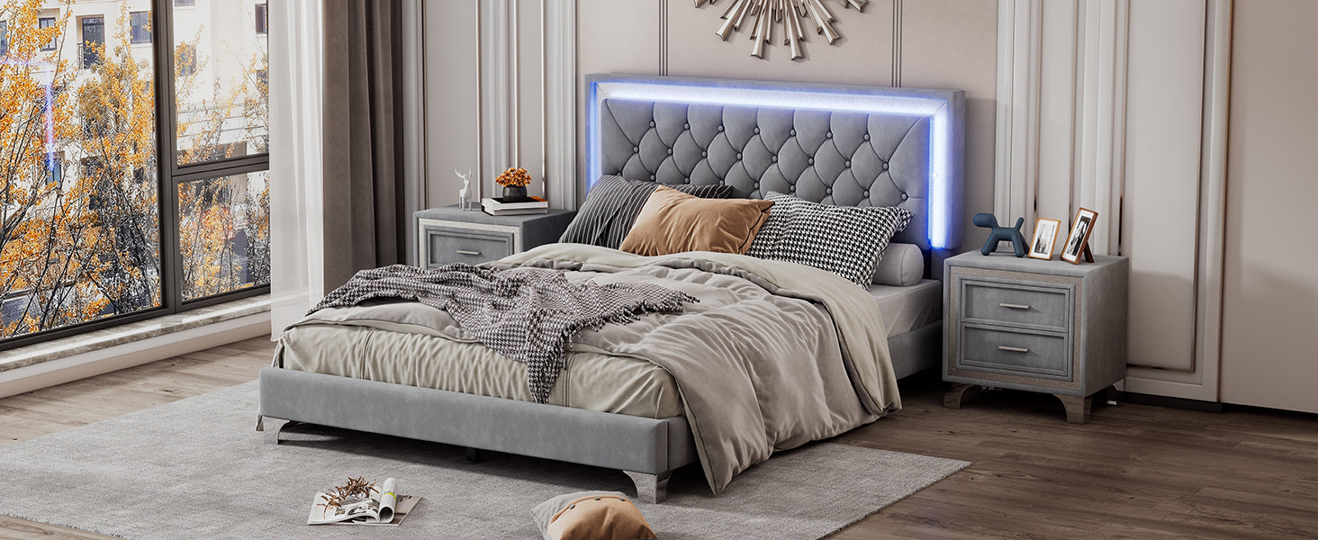 Queen Size Upholstered Bed Frame with LED Lights,Modern Velvet Platform Bed with Tufted Headboard,Gray - Atlantic Fine Furniture Melbourne FL