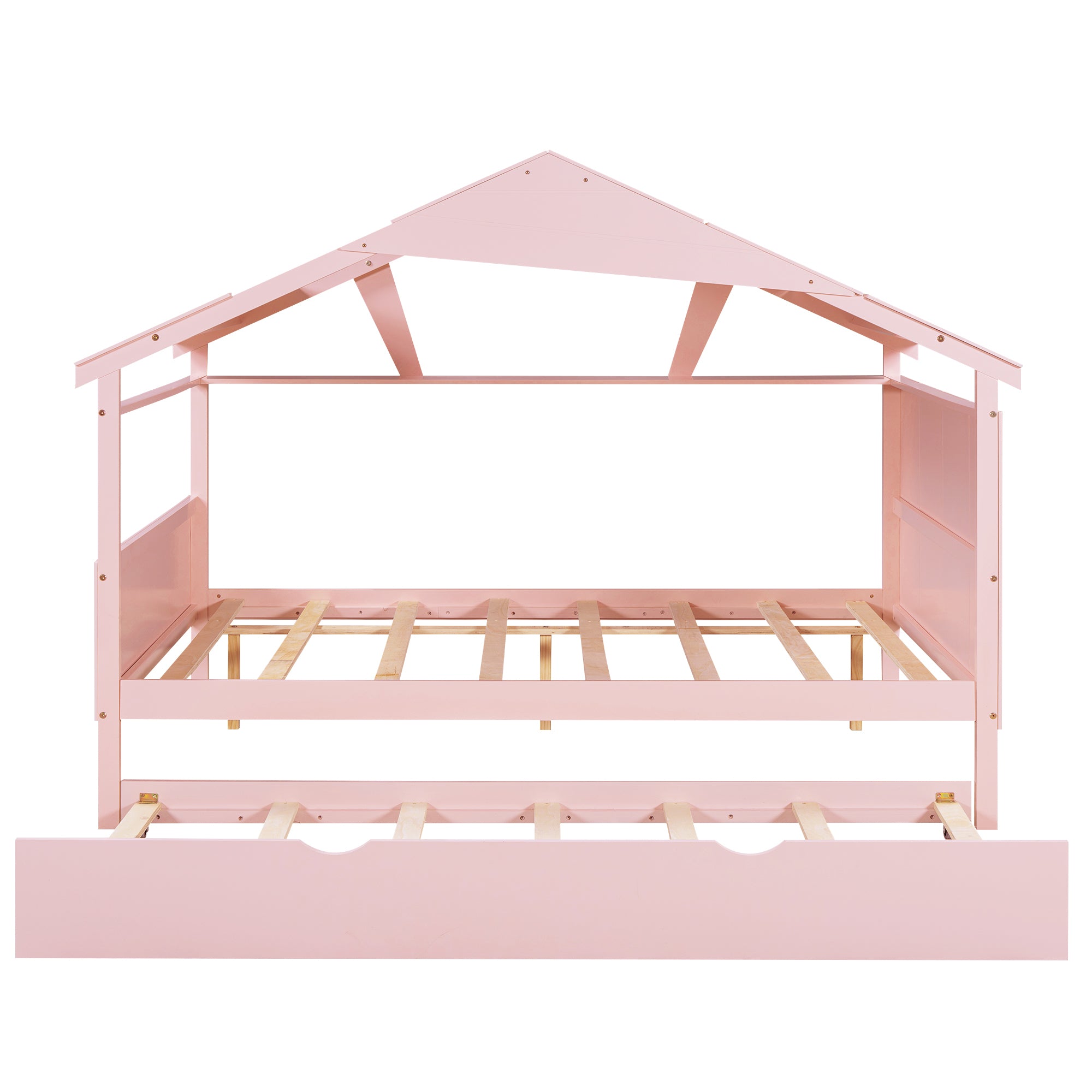 Wood Full Size House Bed with Twin Size Trundle and Storage, Pink - Atlantic Fine Furniture Melbourne FL