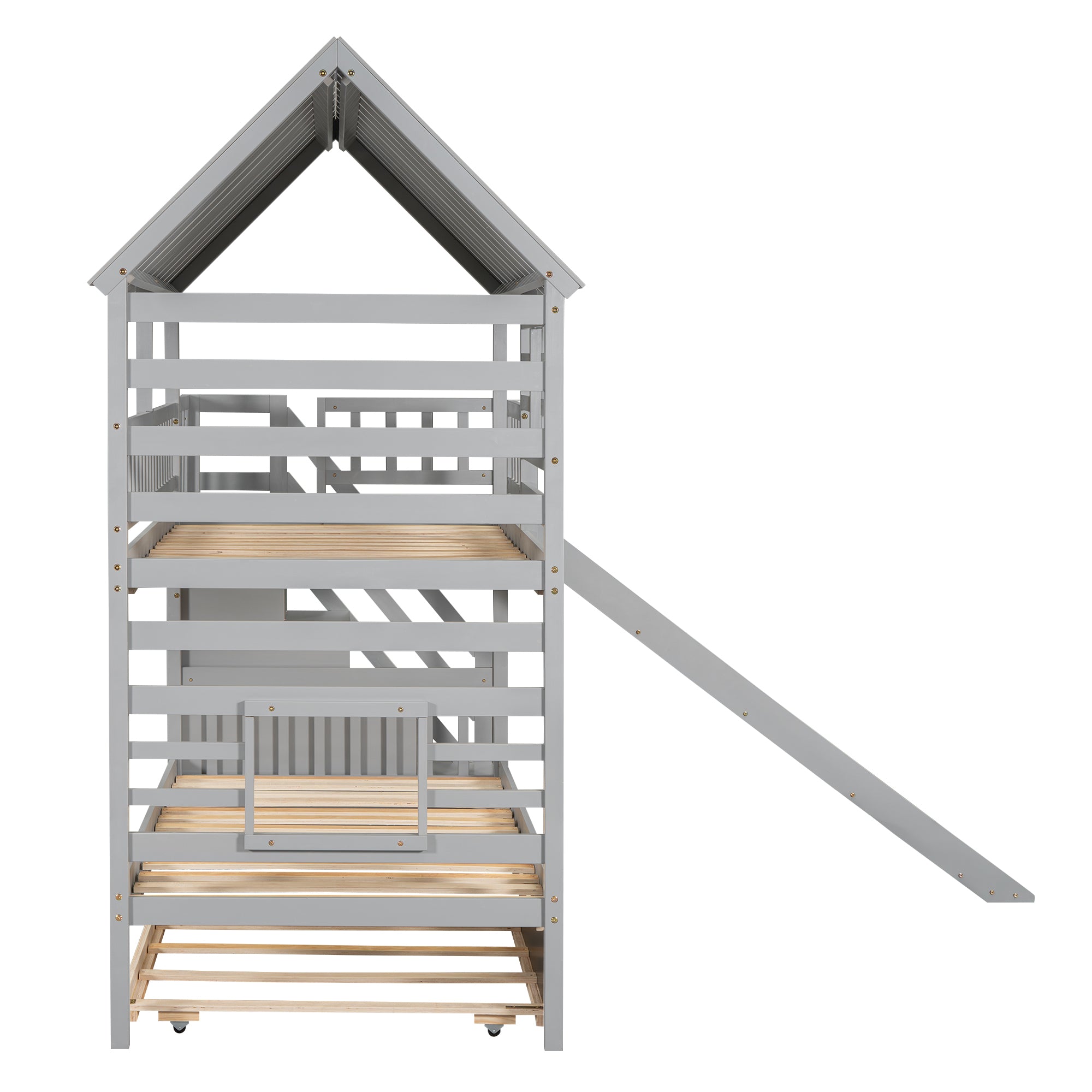 Twin over Twin House Bunk Bed with Trundle and Slide, Storage Staircase, Roof and Window Design, Gray(Old SKU: GX000931AAE) - Atlantic Fine Furniture Melbourne FL