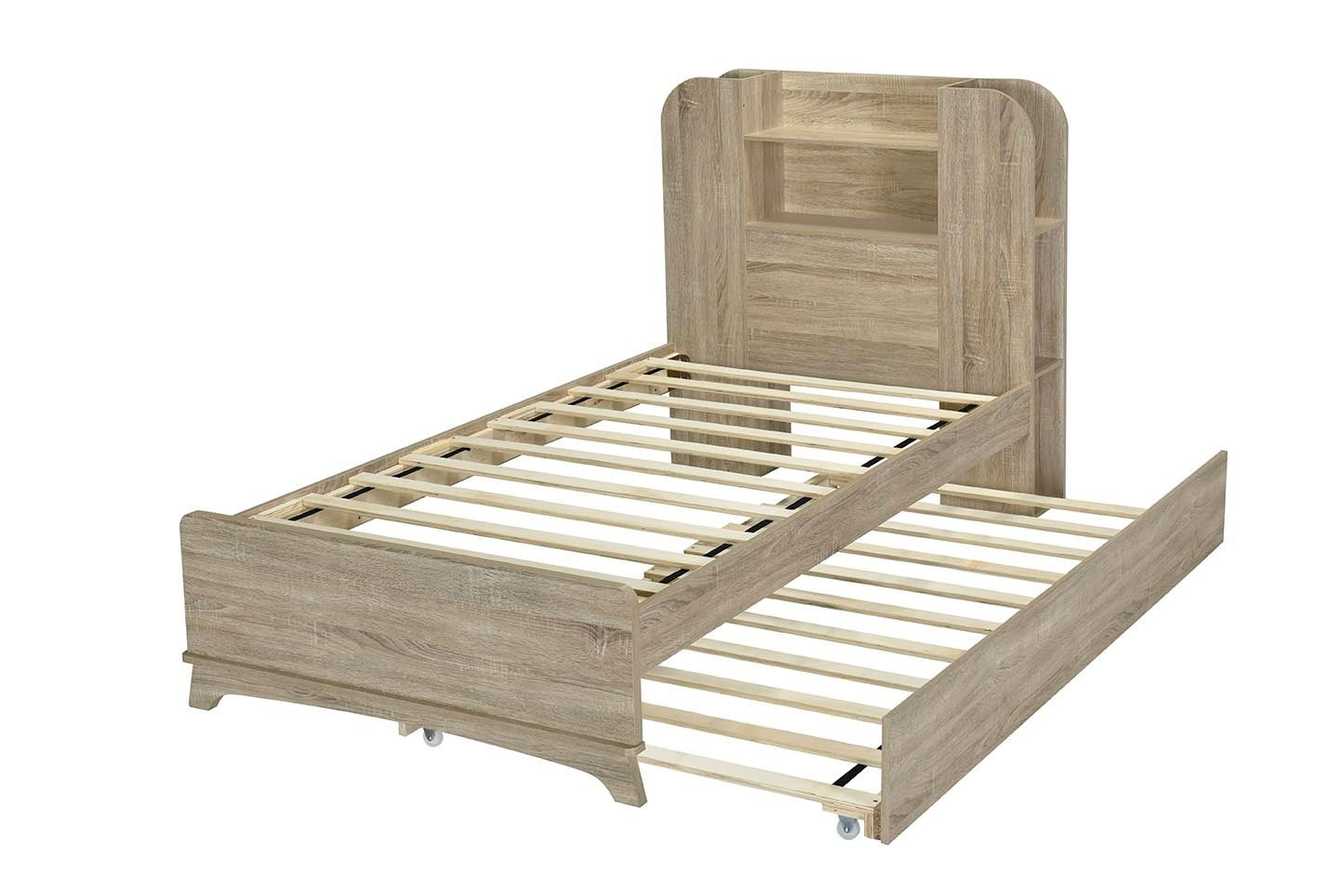 Twin Size Storage Platform Bed Frame with with Trundle and Light Strip Design in Headboard,Natural - Atlantic Fine Furniture Melbourne FL