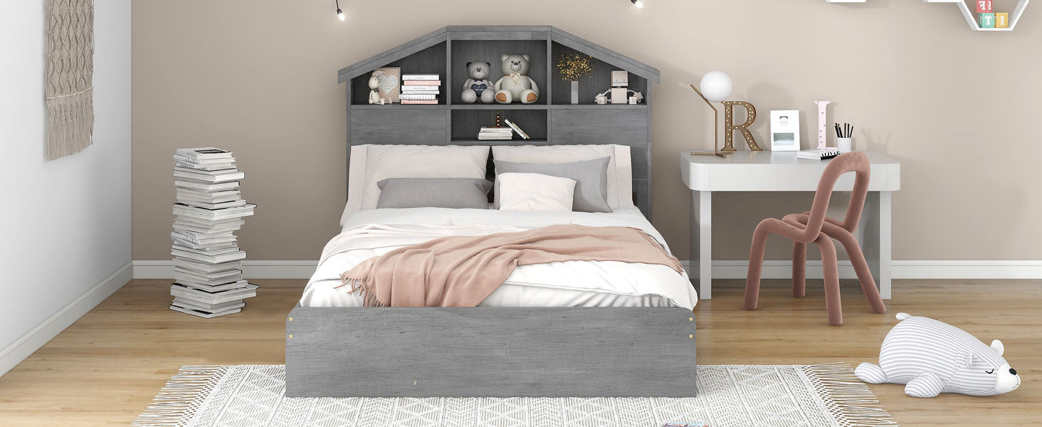 Full Size Wood Platform Bed with House-shaped Storage Headboard and 2 Drawers, Gray - Atlantic Fine Furniture Melbourne FL