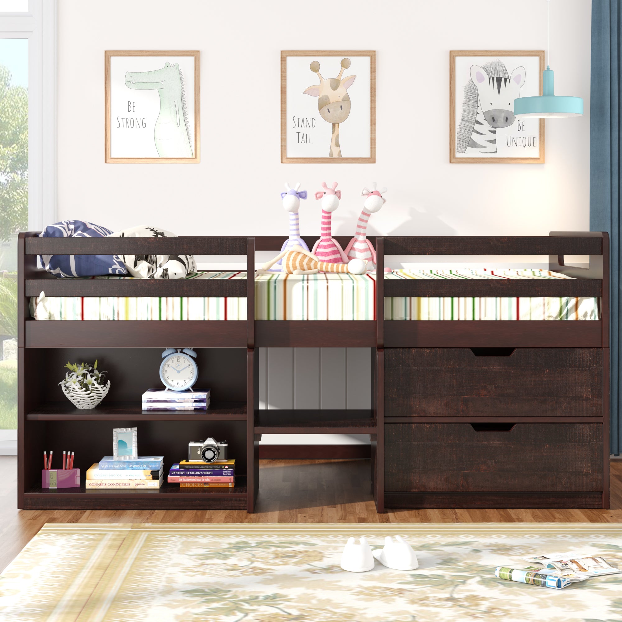 Twin size Loft Bed with Two Shelves and Two drawers (Antique Espresso) - Atlantic Fine Furniture Melbourne FL