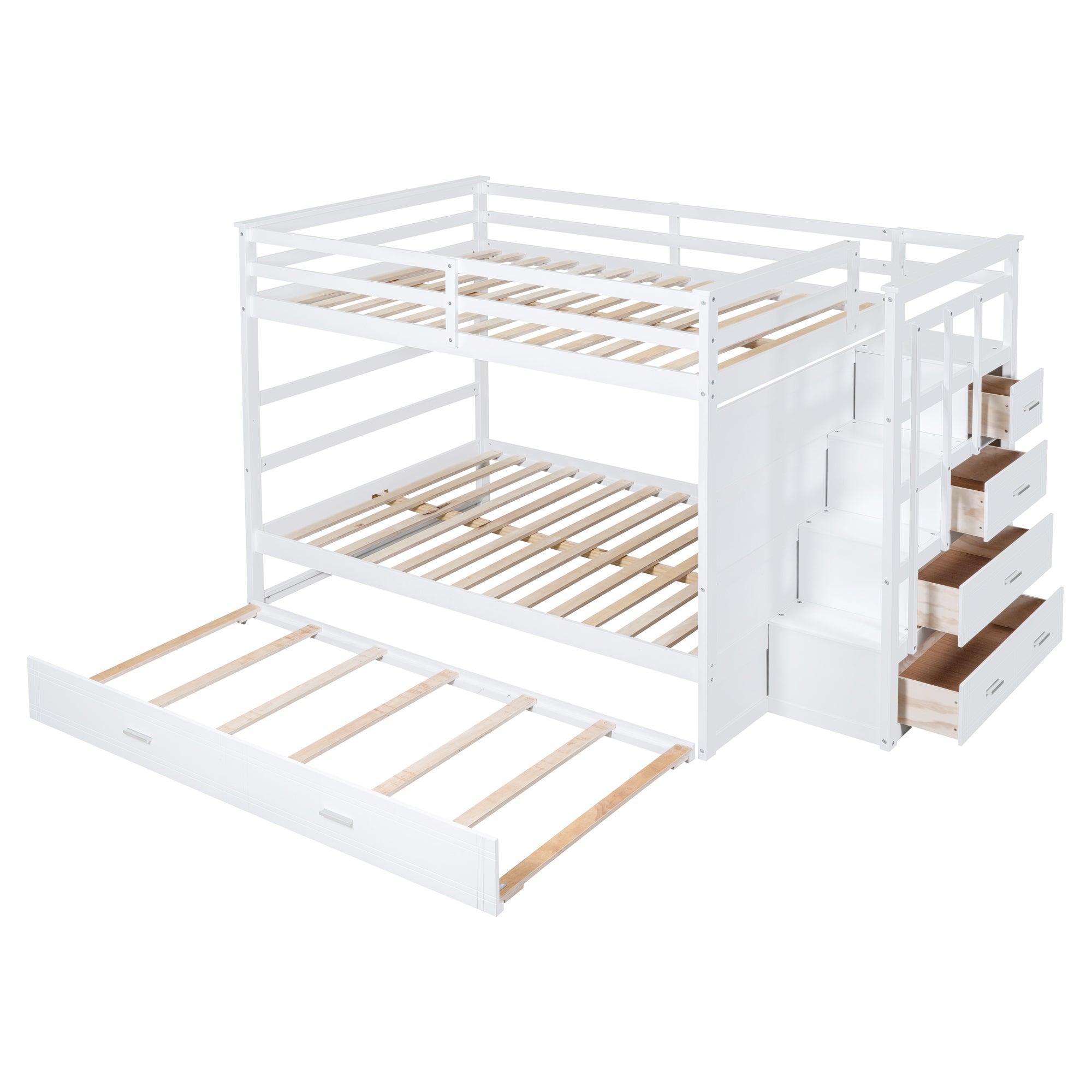 Full Over Full Bunk Bed with Twin Size Trundle and Staircase, White - Atlantic Fine Furniture Melbourne FL
