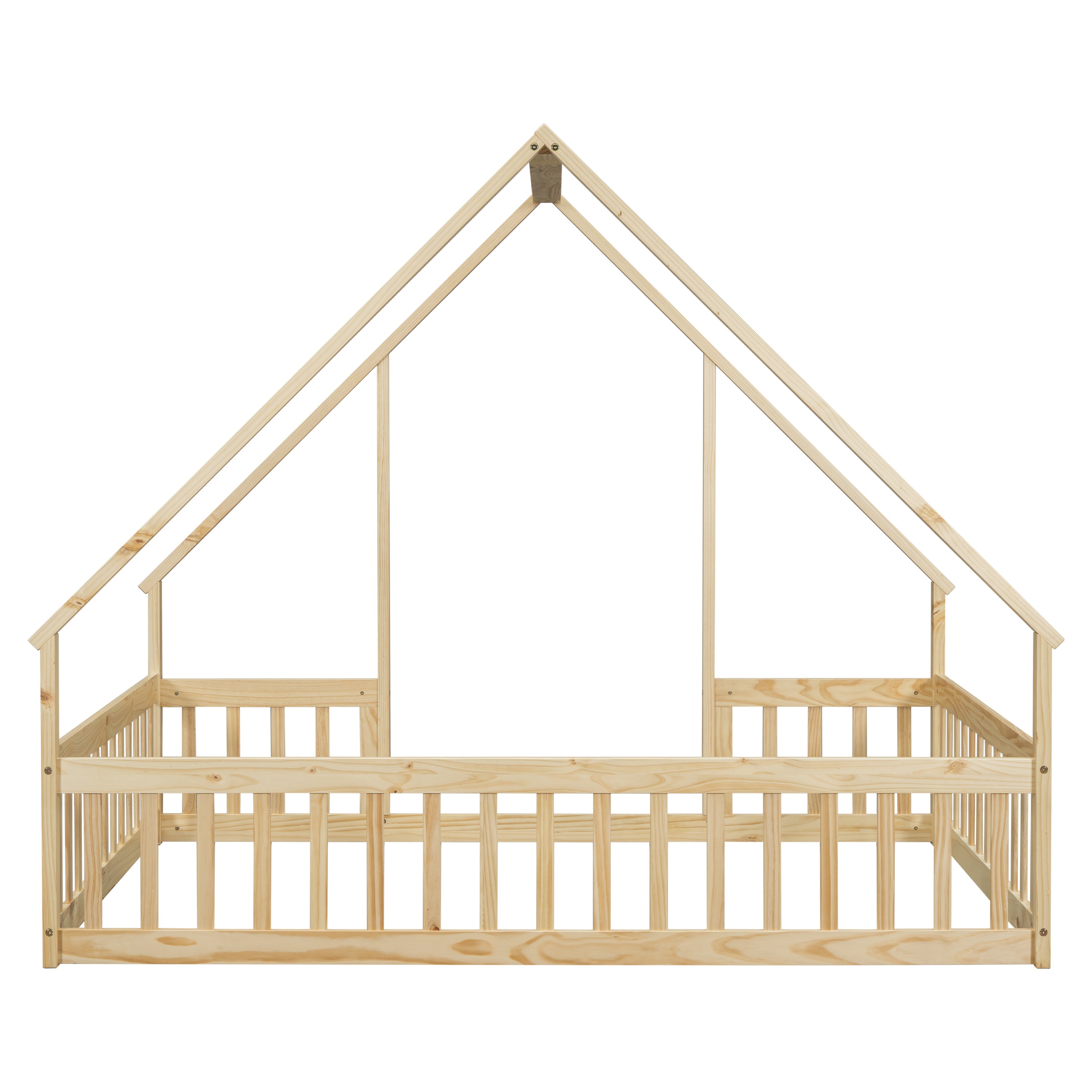 Full Wood House-Shaped Floor Bed with Fence, Guardrails,Natural