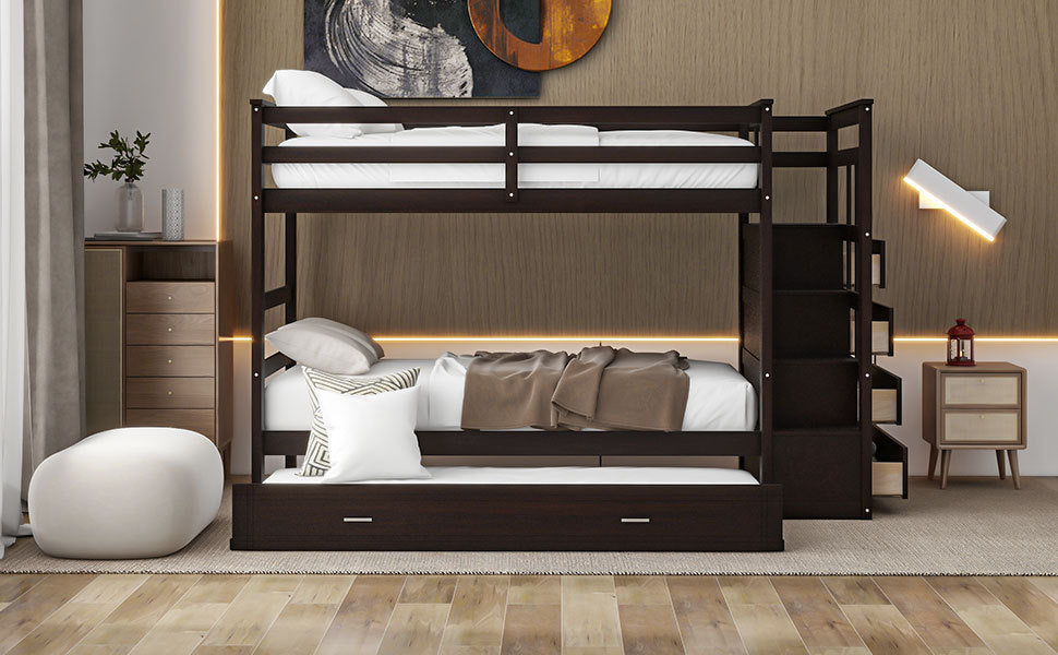Twin Over Twin Bunk Bed with Trundle and Staircase,Espresso(OLD SKU:LT000068AAP) - Atlantic Fine Furniture Melbourne FL