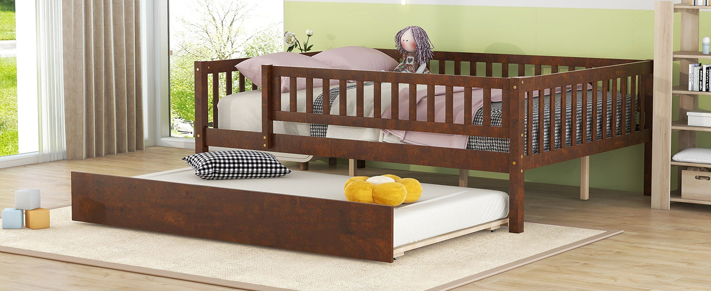 Full Size Wood Daybed with Trundle and Fence Guardrails, Walnut - Atlantic Fine Furniture Melbourne FL