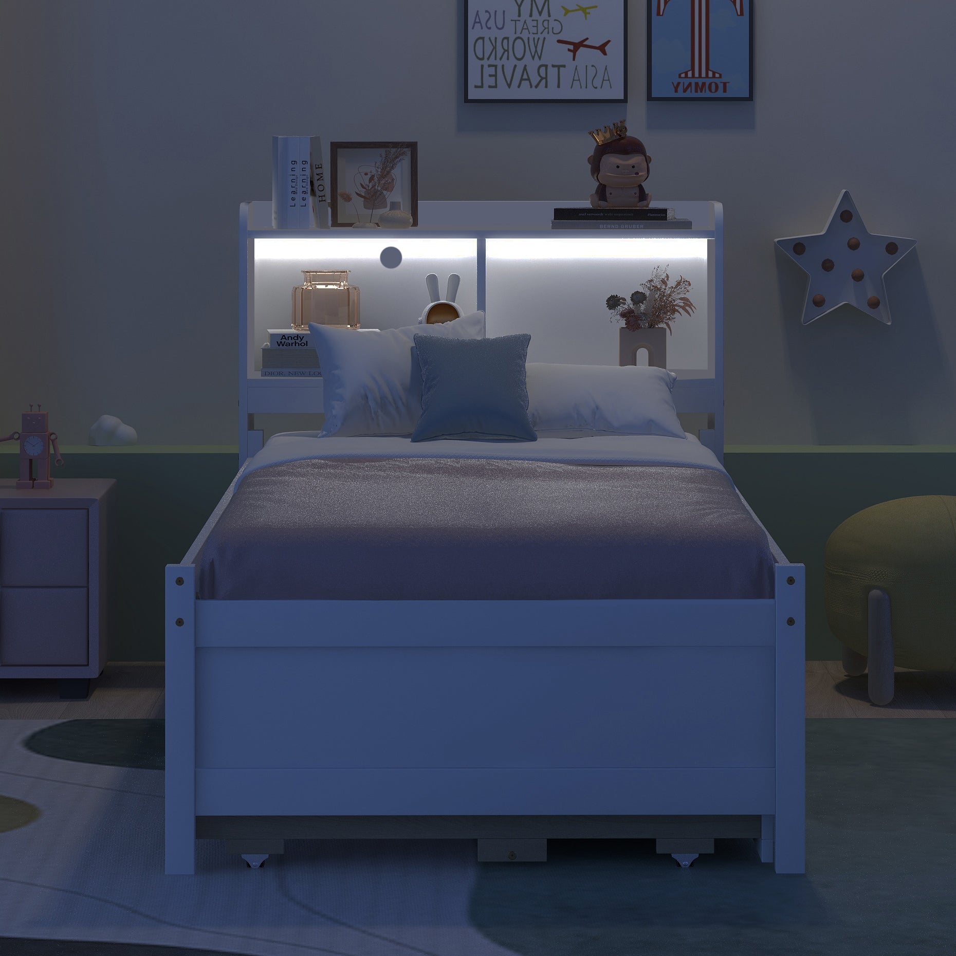 Twin Size Bed with built-in USB ,Type-C Ports, LED light, Bookcase Headboard, Trundle and 3 Storage Drawers, Twin Size Bed with Bookcase Headboard, Trundle and Storage drawers ,White - Atlantic Fine Furniture Melbourne FL
