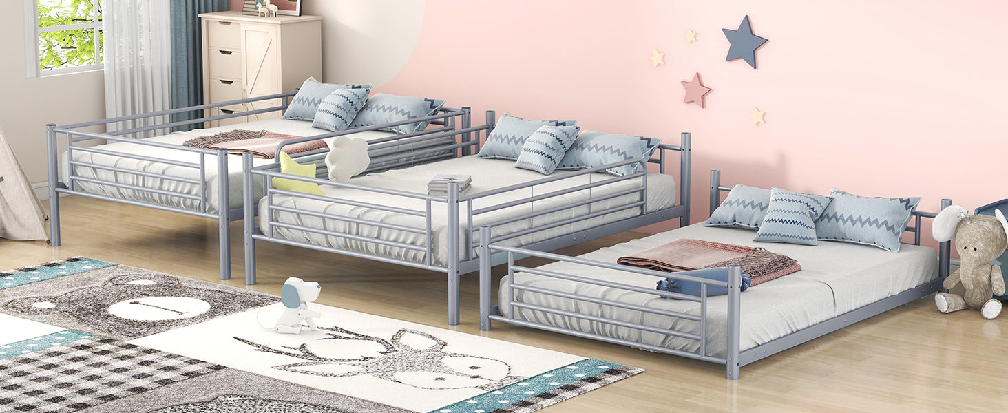 Full-Full-Full Metal Triple Bed with Built-in Ladder, Divided into Three Separate Beds,Gray(OLD SKU:LP000297AAE) - Atlantic Fine Furniture Melbourne FL
