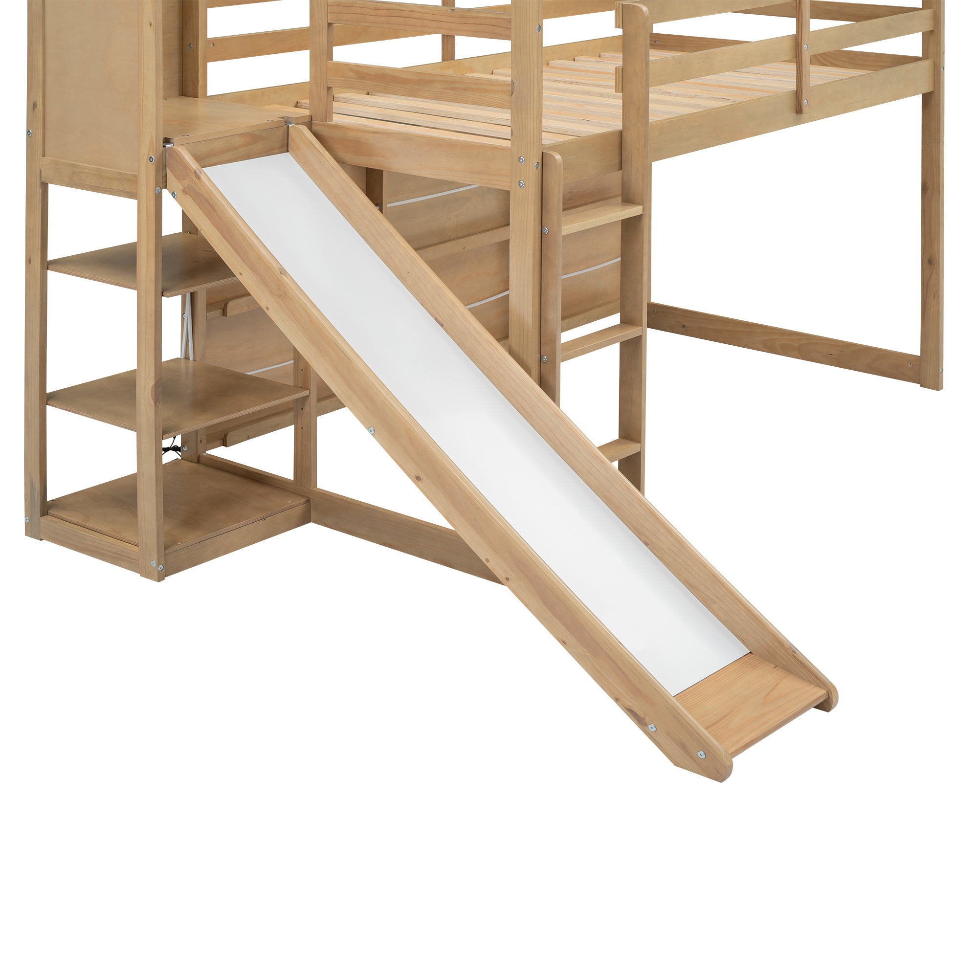 Twin Size Wood House Loft bed with Slide, Storage shelves and Light, Climbing Ramp, Wood Color - Atlantic Fine Furniture Melbourne FL