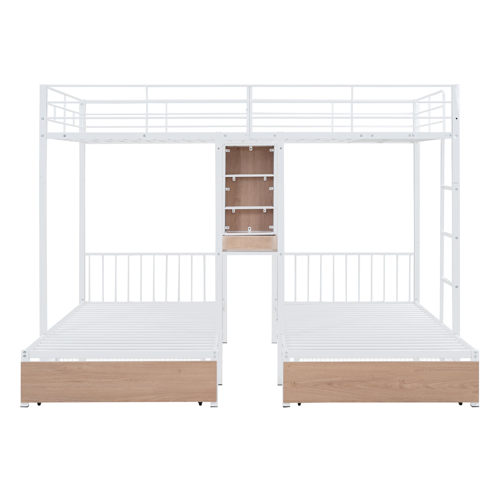 Full Over Twin & Twin Triple Bunk Bed with Drawers, Multi-functional Metal Frame Bed with desks and shelves in the middle, White - Atlantic Fine Furniture Melbourne FL