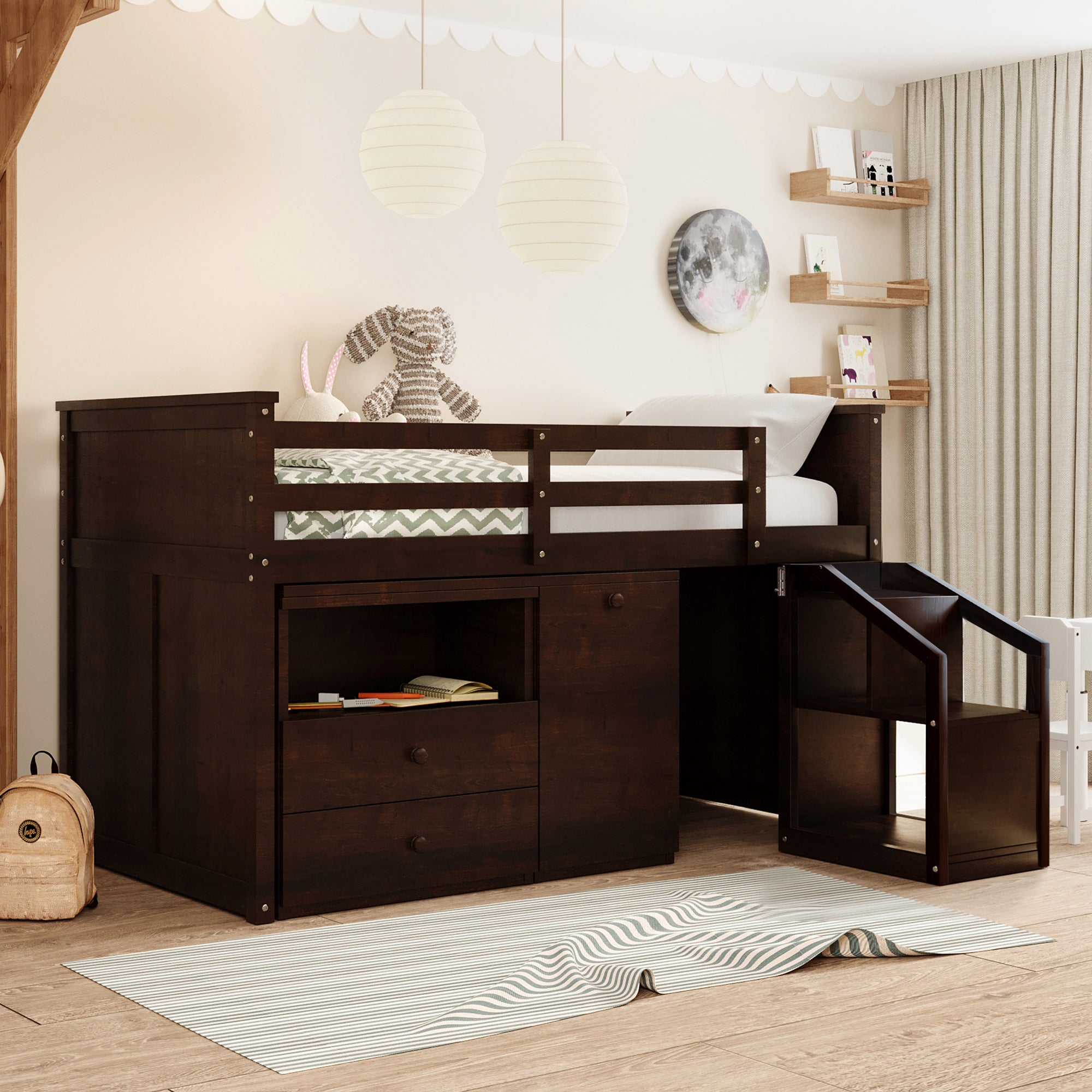 Loft Bed Low Study Twin Size Loft Bed With Storage Steps and Portable,Desk,Espresso(OLD SKU: LT000101AAP) - Atlantic Fine Furniture Melbourne FL
