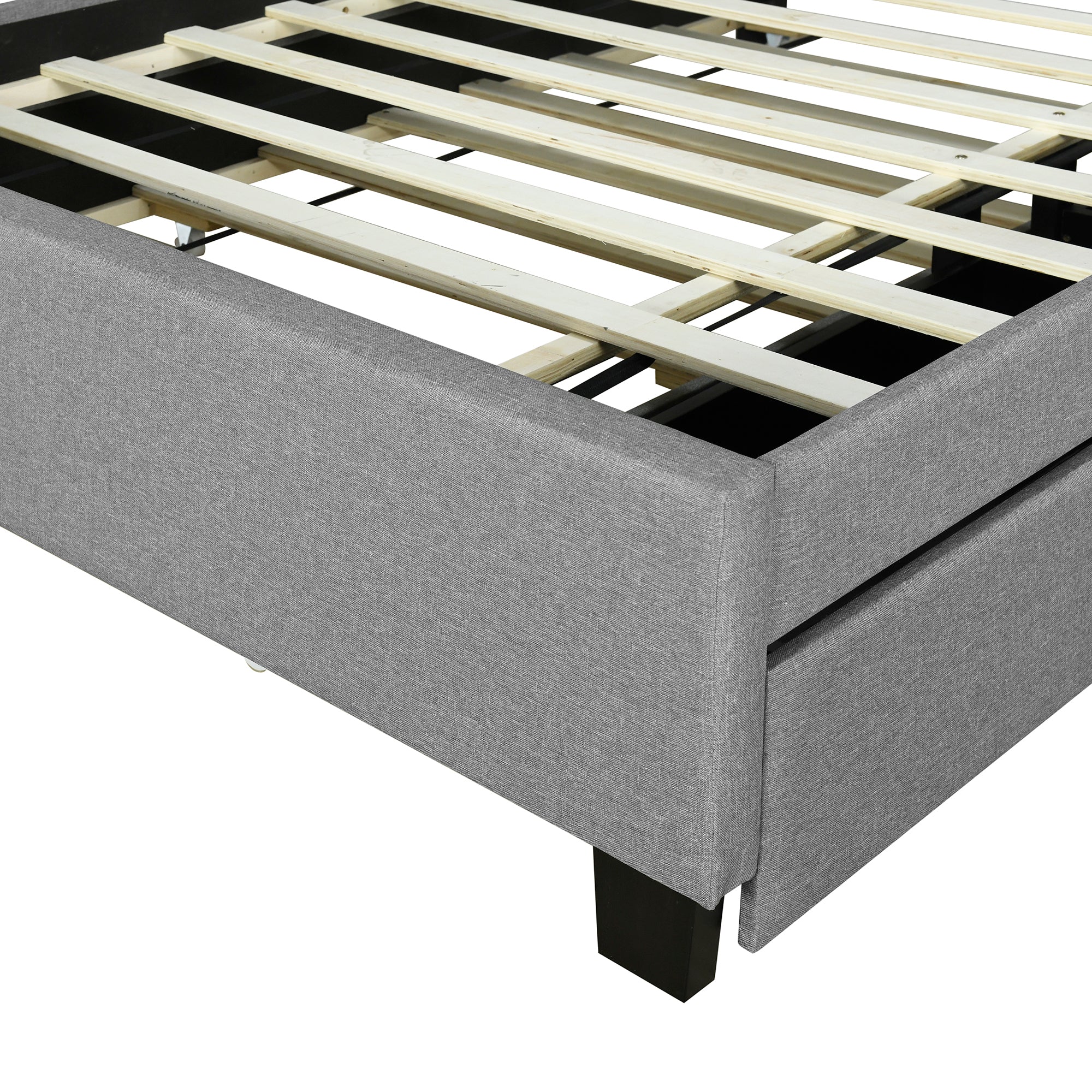 Full size Upholstered Platform Bed with Storage Headboard, Twin Size Trundle & 2 drawers and a set of Sockets & USB Ports, Linen Fabric, Gray - Atlantic Fine Furniture Melbourne FL