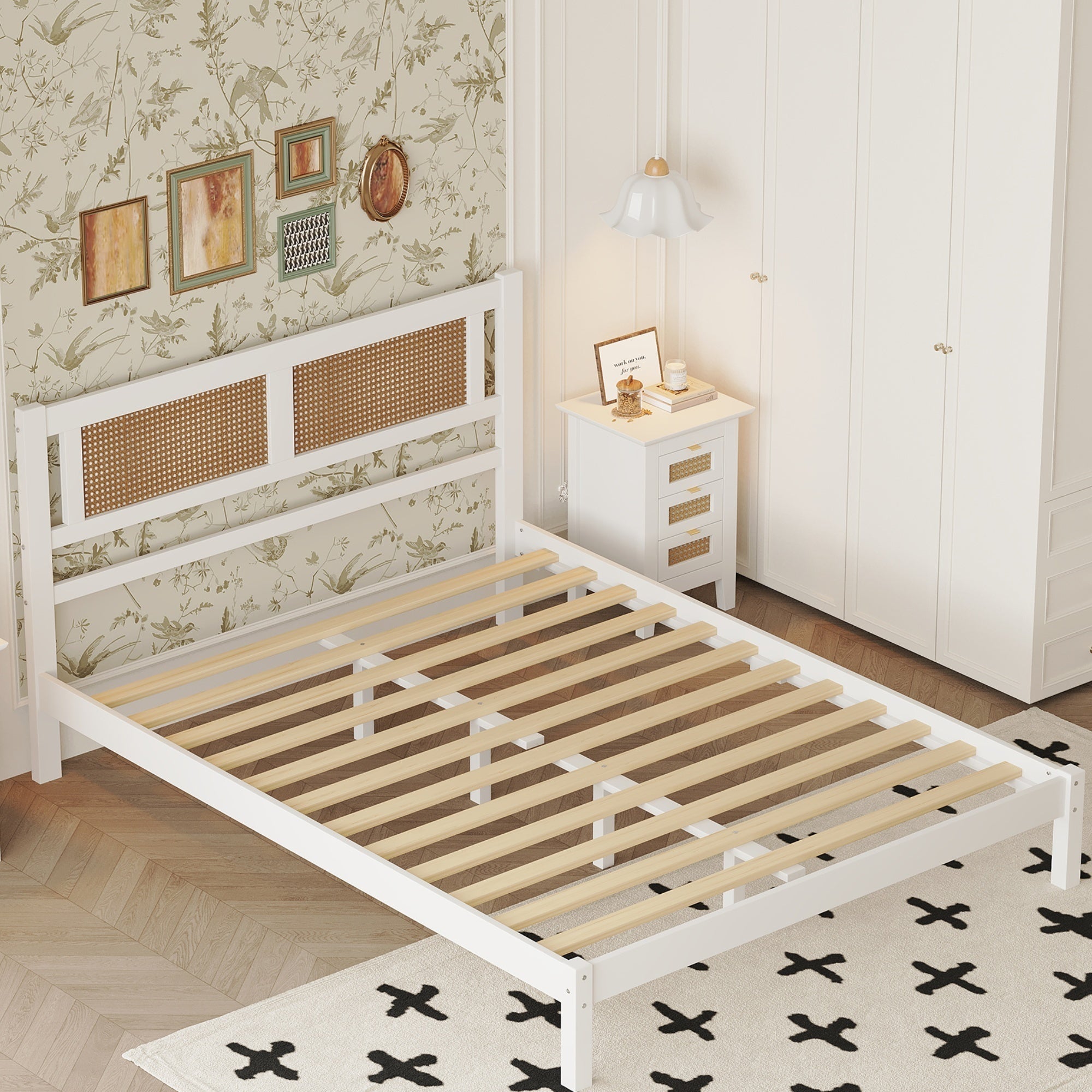 Queen Size Wood Platform Bed with Natural Rattan Headboard,Exquisite Elegance with Minimalist Charm for Bedroom,White - Atlantic Fine Furniture Melbourne FL
