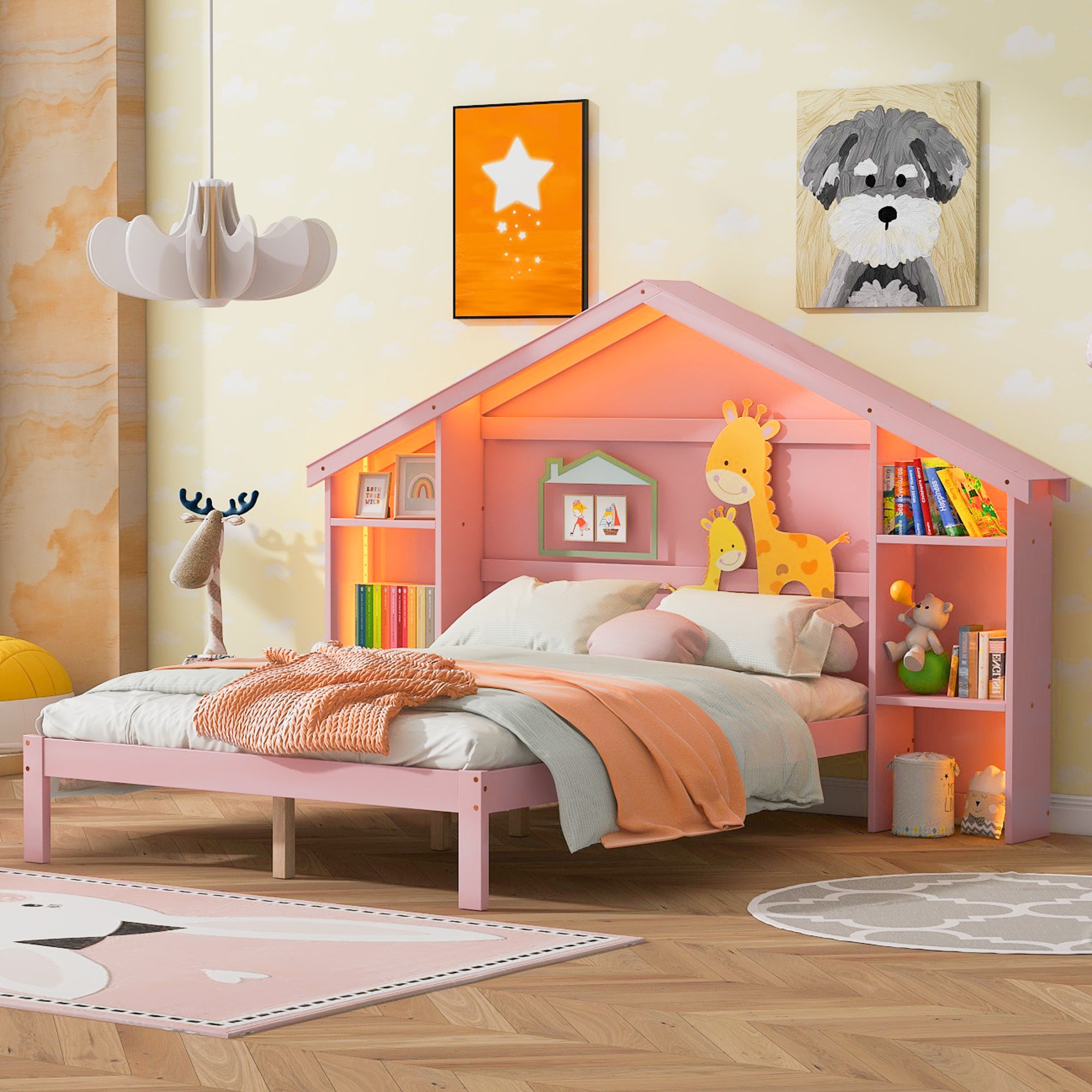 Wood Full Size Platform Bed with House-shaped Storage Headboard and Built-in LED, Pink - Atlantic Fine Furniture Melbourne FL