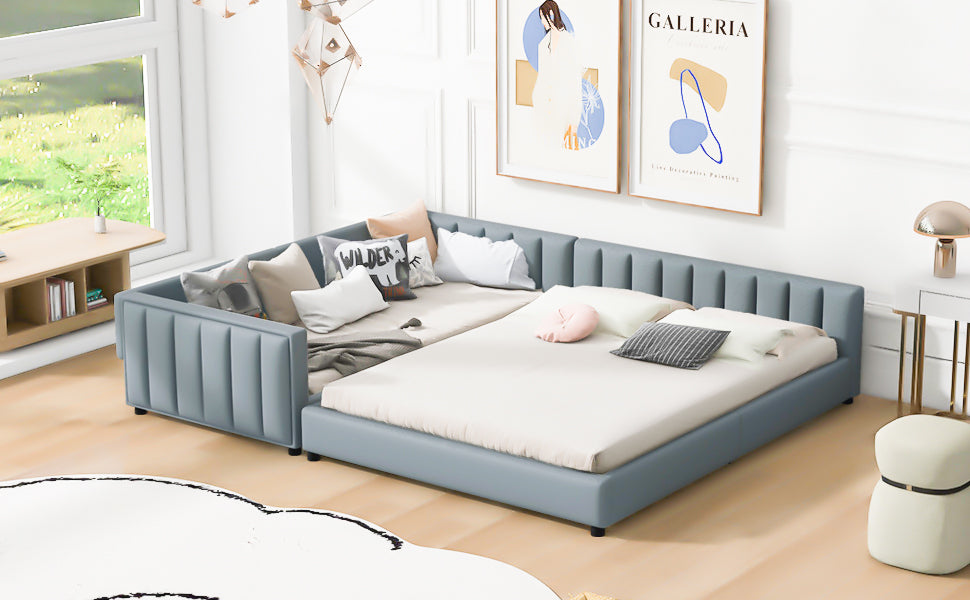 Queen Size & Twin XL Size Upholstered Platform Bed, Mother & Child Bed, PU Leather, Gray - Atlantic Fine Furniture Melbourne FL
