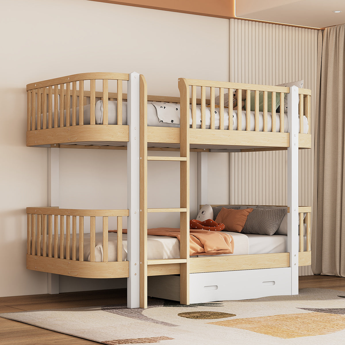 Wood Twin over Twin Bunk Bed with Fence Guardrail and a Big Drawer, Natural White - Atlantic Fine Furniture Melbourne FL