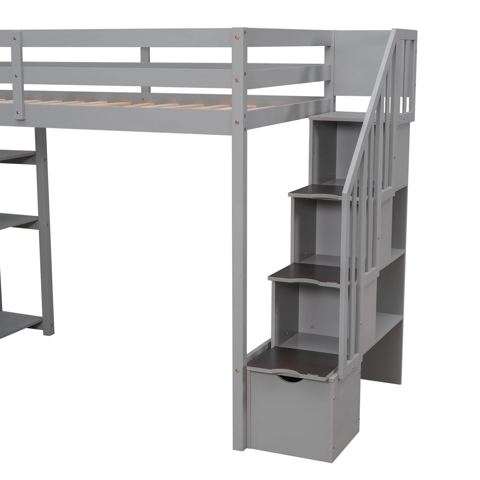 Twin size Loft Bed with Storage Drawers and Stairs, Wooden Loft Bed with Shelves - Gray - Atlantic Fine Furniture Melbourne FL