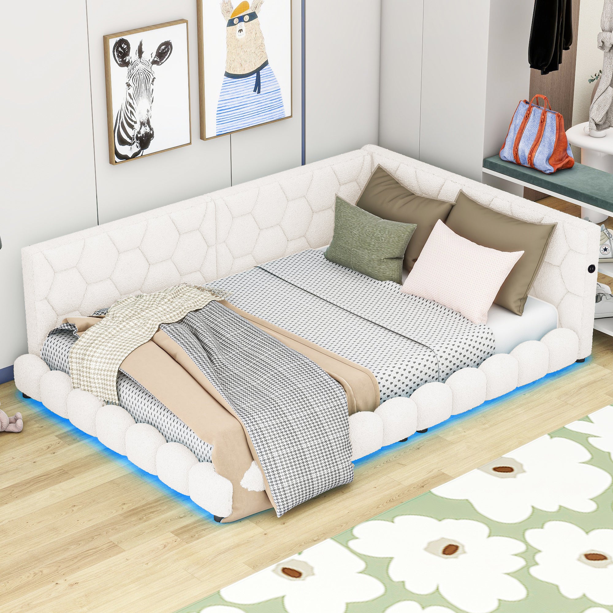 Upholstered Full Size platform bed with USB Ports and LED belt, White - Atlantic Fine Furniture Melbourne FL