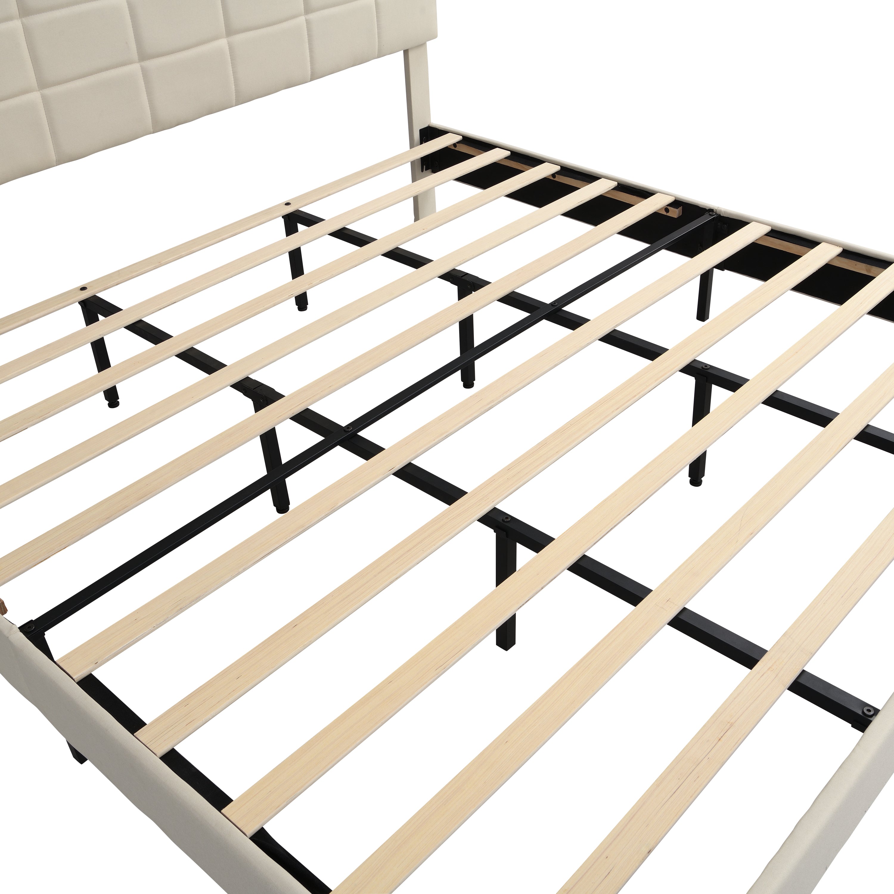 King Size Platform Bed Frame with Fabric Upholstered Headboard and Wooden Slats, No Box Spring Needed/Easy Assembly, Dark Beige - Atlantic Fine Furniture Melbourne FL
