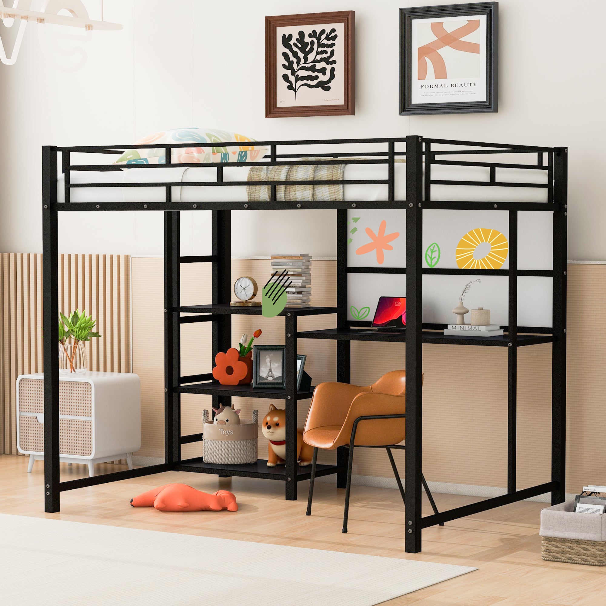 Full Size Loft Bed with Desk and Whiteboard, Metal Loft Bed with 3 Shelves and Ladder, Black - Atlantic Fine Furniture Melbourne FL