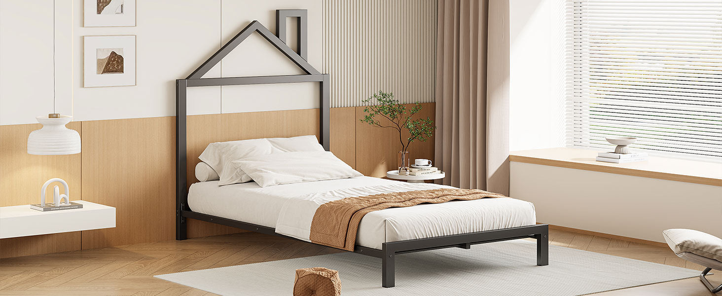 Twin Size Metal Platform Bed with House-Shaped Headboard Design, Black - Atlantic Fine Furniture Melbourne FL
