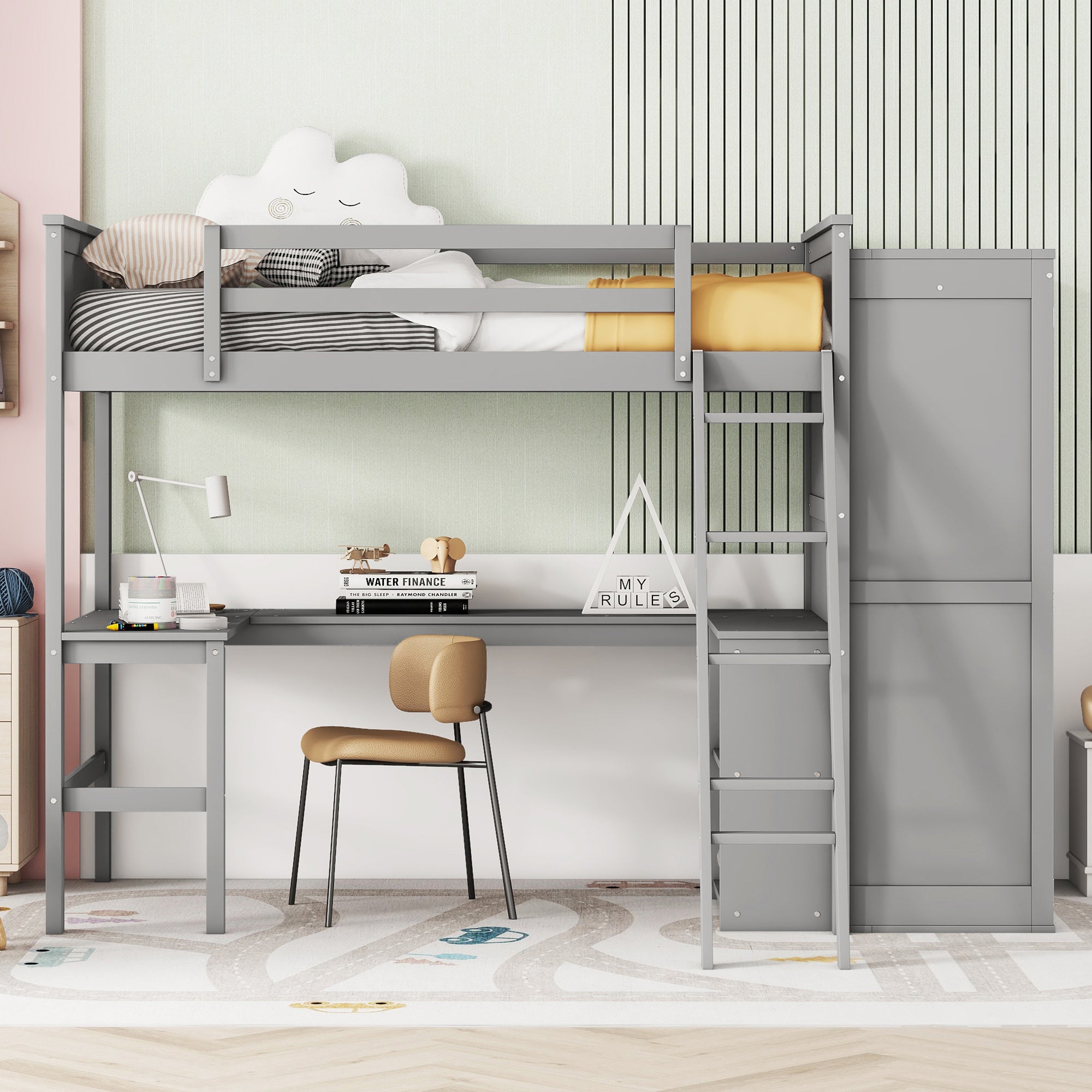 Twin size Loft Bed with Desk, Shelves and Wardrobe-Gray - Atlantic Fine Furniture Melbourne FL