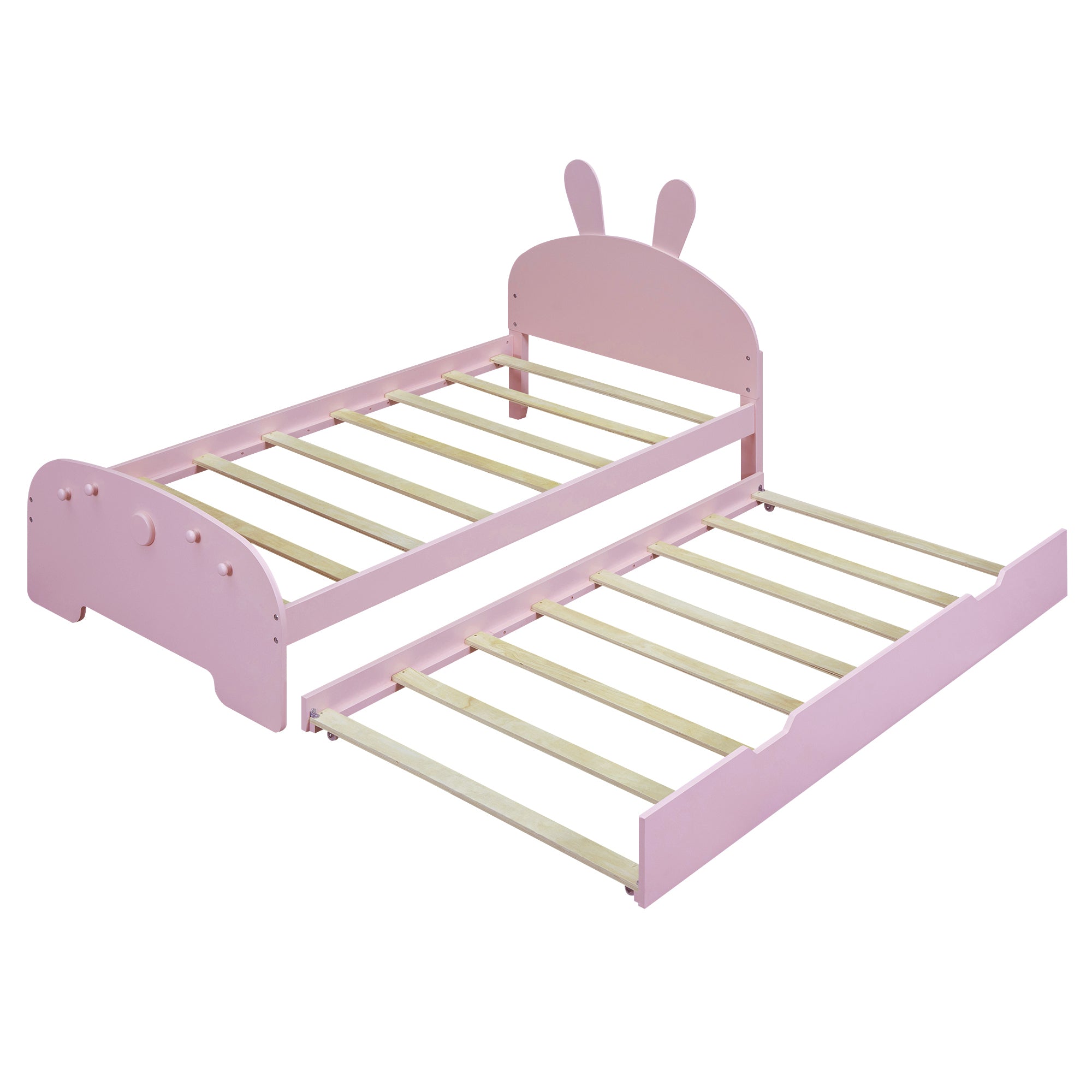 Wood Twin Size Platform Bed with Cartoon Ears Shaped Headboard and Trundle, Pink - Atlantic Fine Furniture Melbourne FL