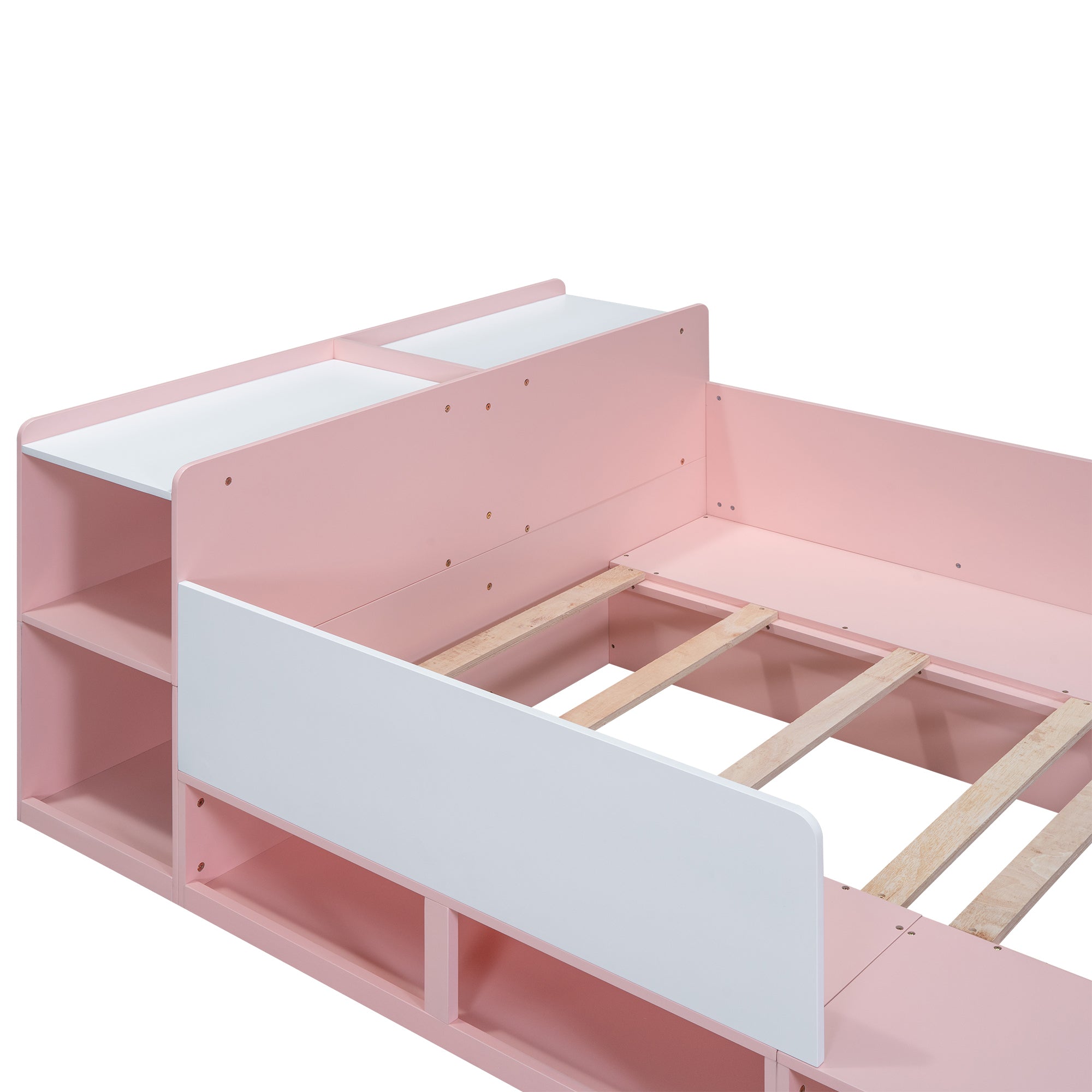 Wood Full Size Platform Bed with Storage Headboard, Guardrails and 4 Underneath Cabinets, Pink - Atlantic Fine Furniture Melbourne FL