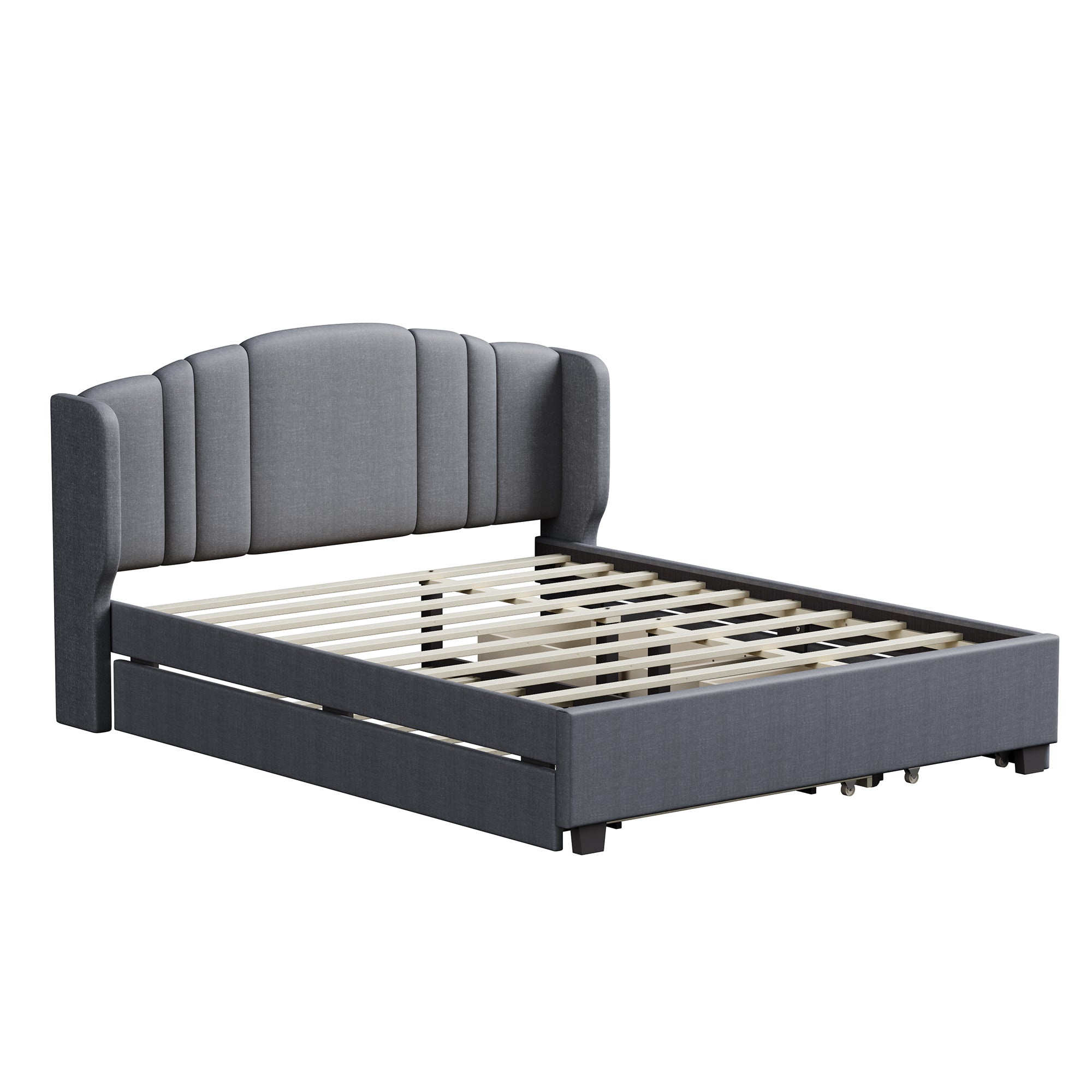 Upholstered Platform Bed with Wingback Headboard, One Twin Trundle and 2 Drawers, No Box Spring Needed, Linen Fabric, Queen Size Gray - Atlantic Fine Furniture Melbourne FL