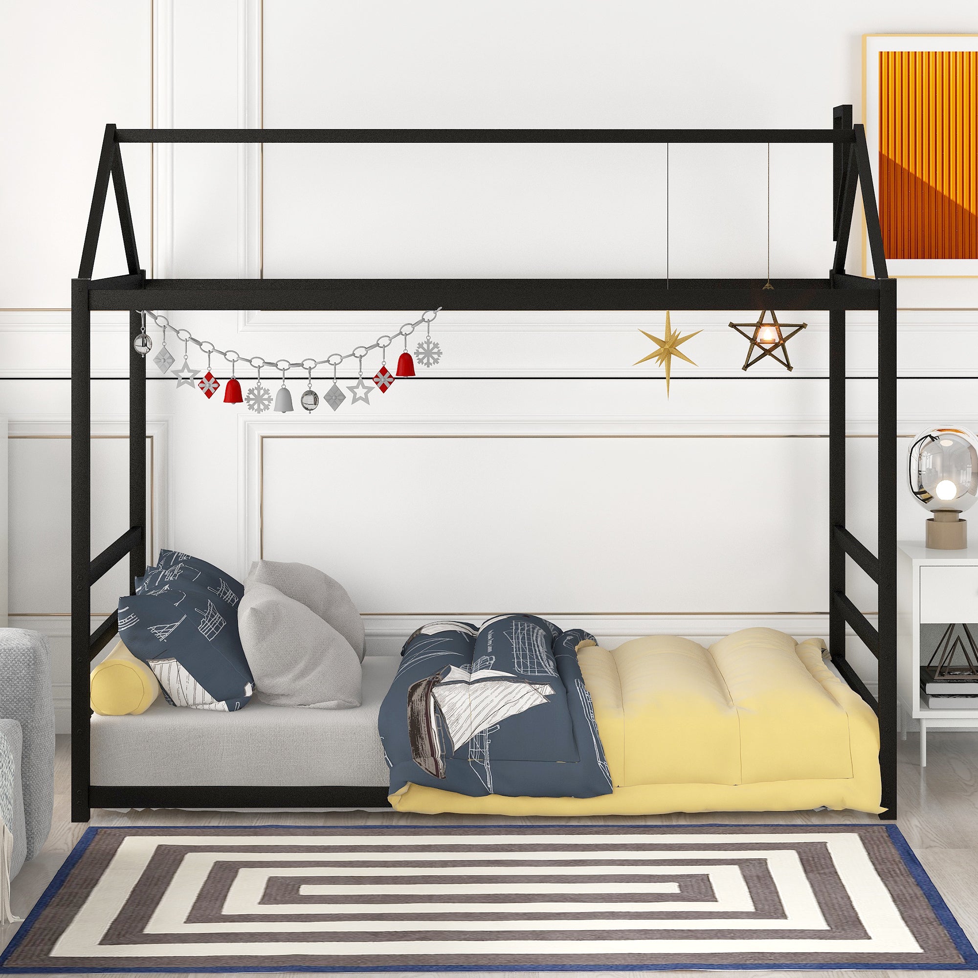 House Platform Bed with Roof and Chimney Design,Black - Atlantic Fine Furniture Melbourne FL