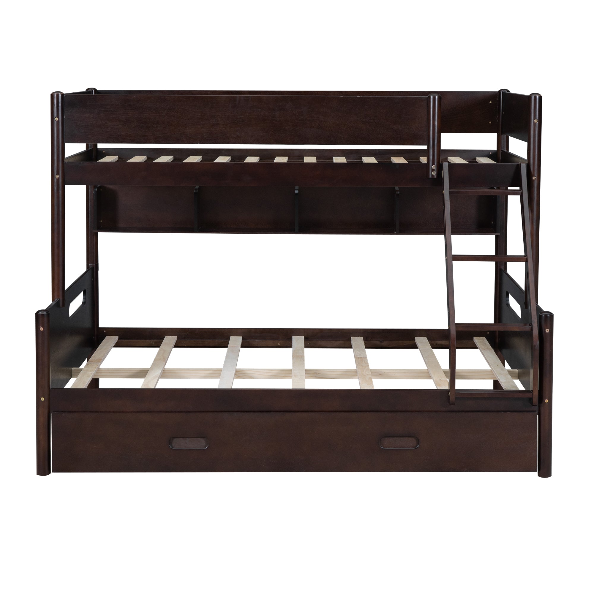 Wood Twin over Full Bunk Bed with Storage Shelves and Twin Size Trundle, Espresso - Atlantic Fine Furniture Melbourne FL